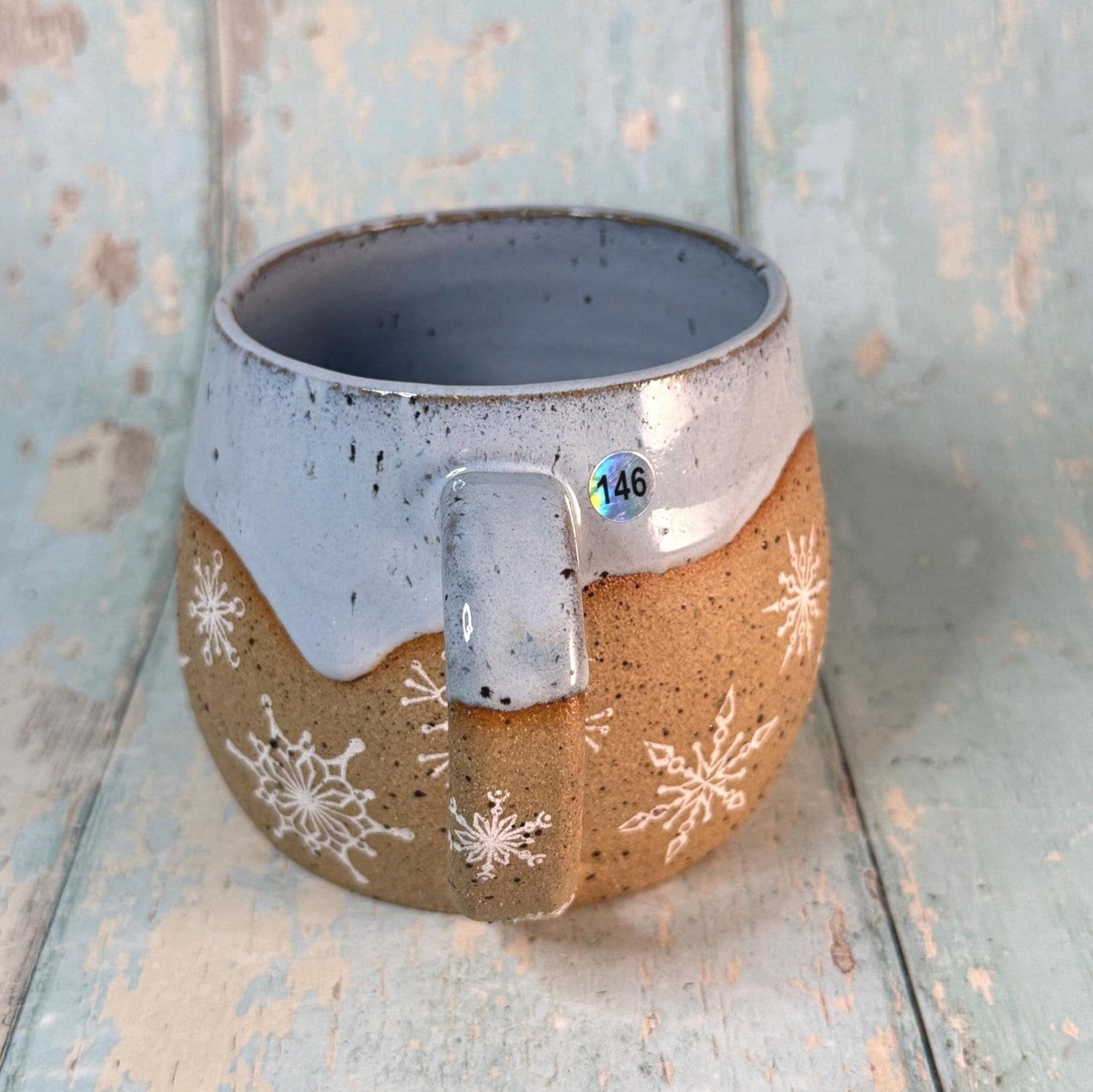 Blue Christmas Snowflake Mug, Handmade Ceramic Cup - FJD Ceramics
