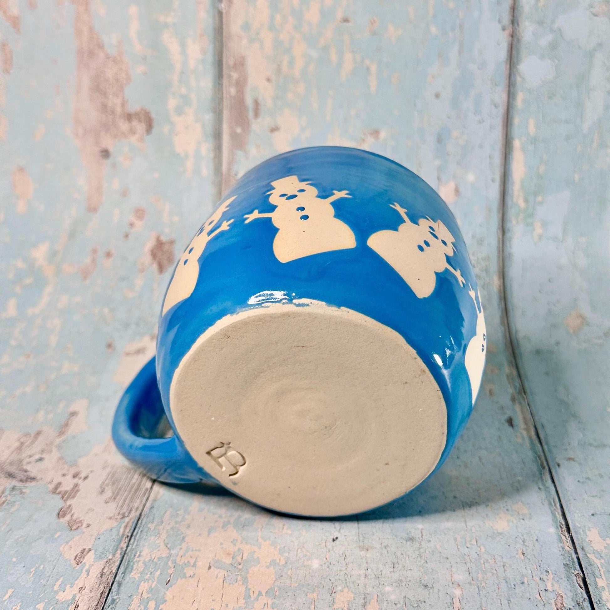Blue Christmas Snowman Mug, Handmade Ceramic Cup - FJD Ceramics