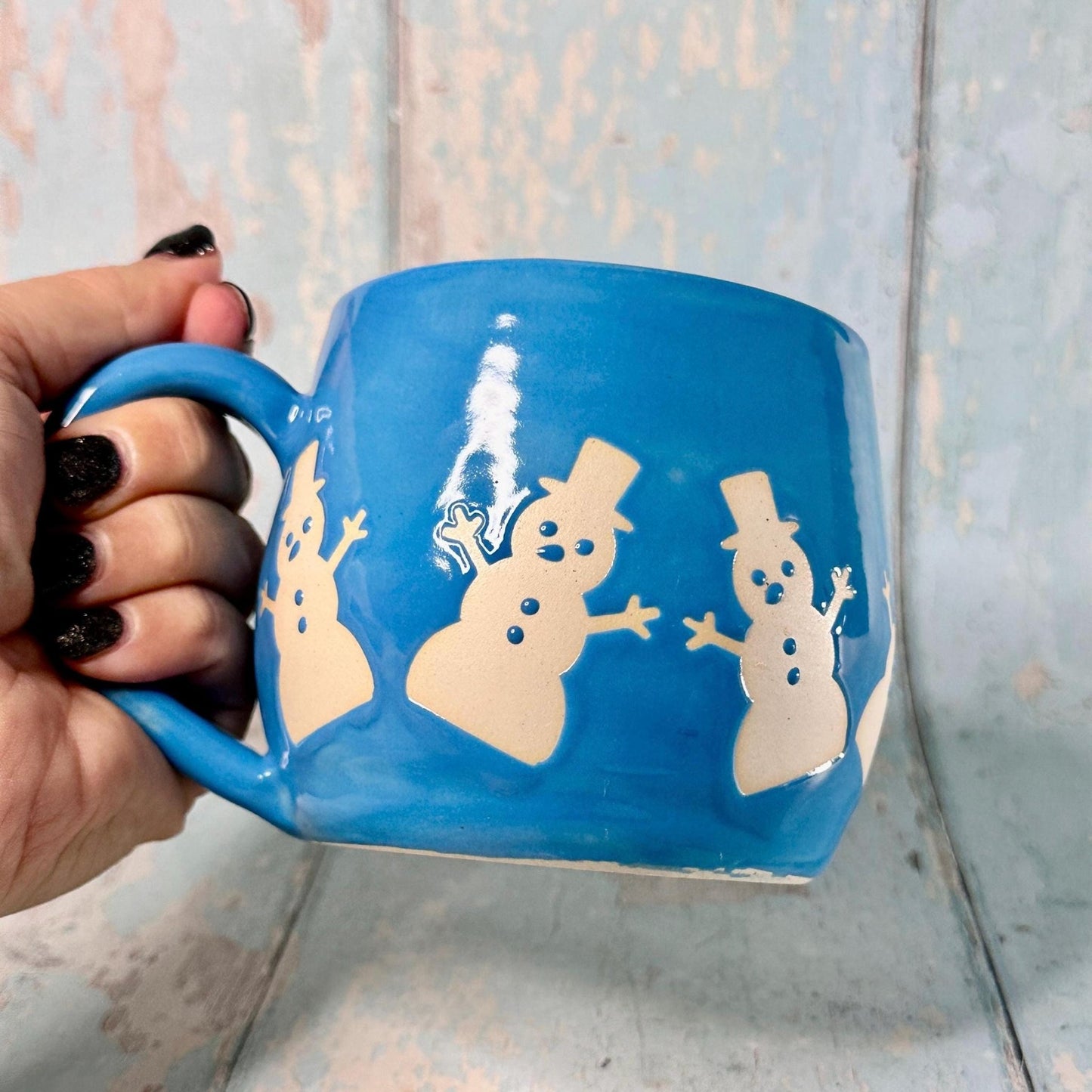 Blue Christmas Snowman Mug, Handmade Ceramic Cup - FJD Ceramics