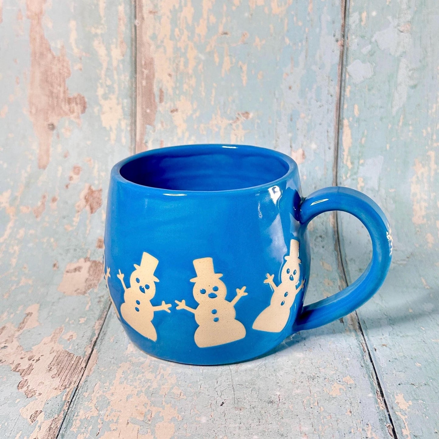 Blue Christmas Snowman Mug, Handmade Ceramic Cup - FJD Ceramics