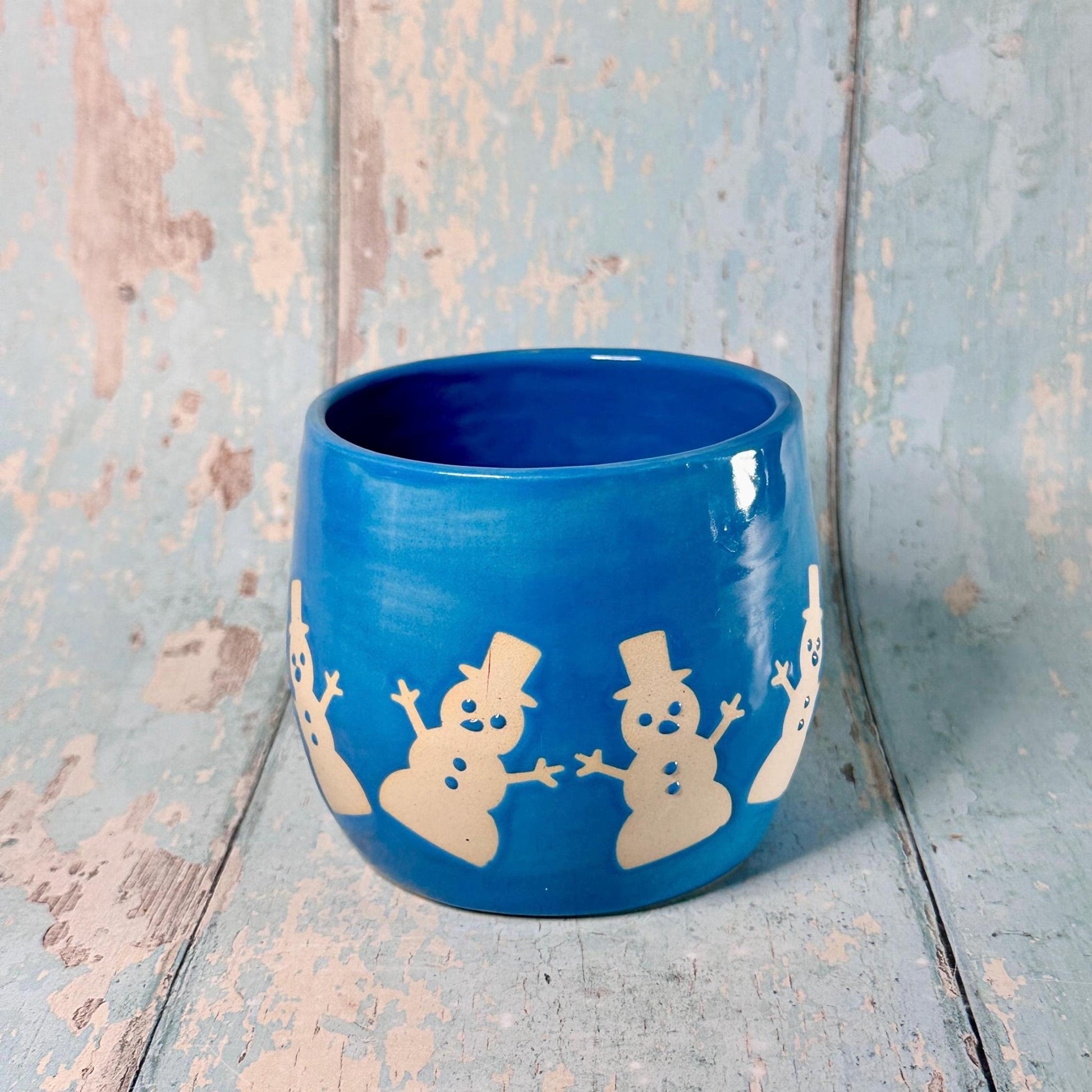 Blue Christmas Snowman Mug, Handmade Ceramic Cup - FJD Ceramics