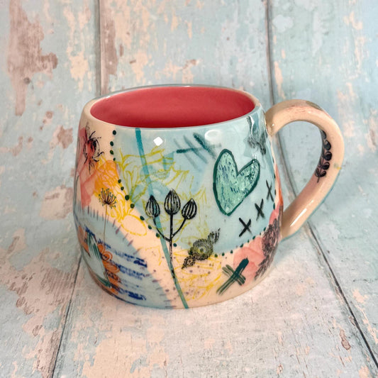 Blue Collage Mug, Handmade Ceramic Cup - FJD Ceramics
