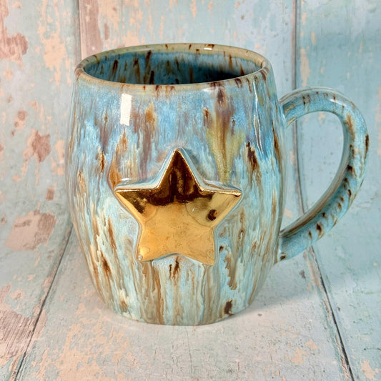 Blue Gold Star Mug, Handmade Ceramic Mug - FJD Ceramics