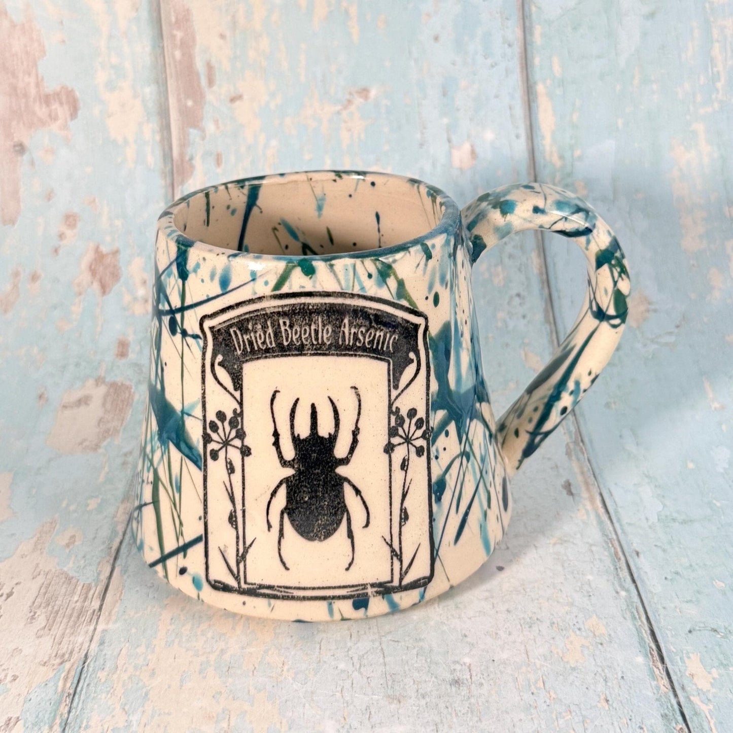Blue Green 'Beetle Arsenic" Label Mug Halloween Spooky Season Cup - FJD Ceramics