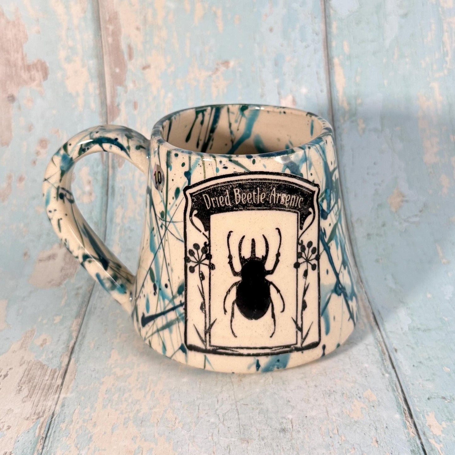 Blue Green 'Beetle Arsenic" Label Mug Halloween Spooky Season Cup - FJD Ceramics