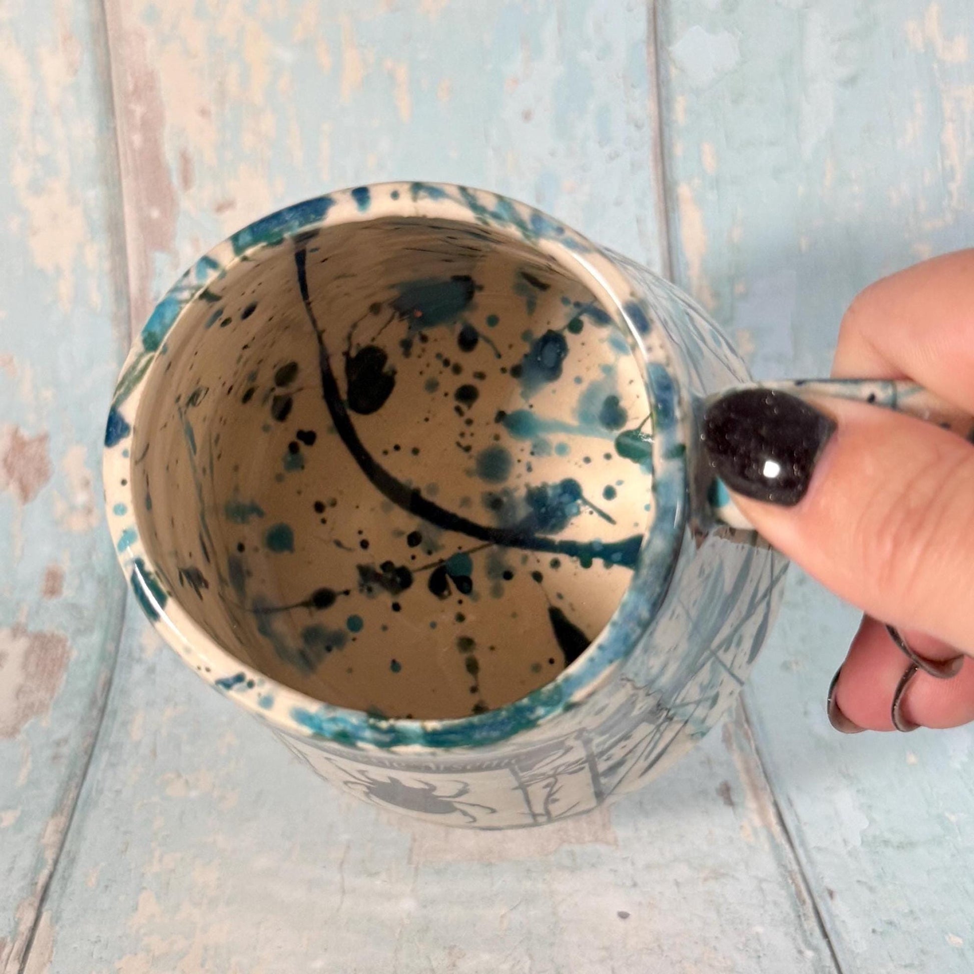 Blue Green 'Beetle Arsenic" Label Mug Halloween Spooky Season Cup - FJD Ceramics