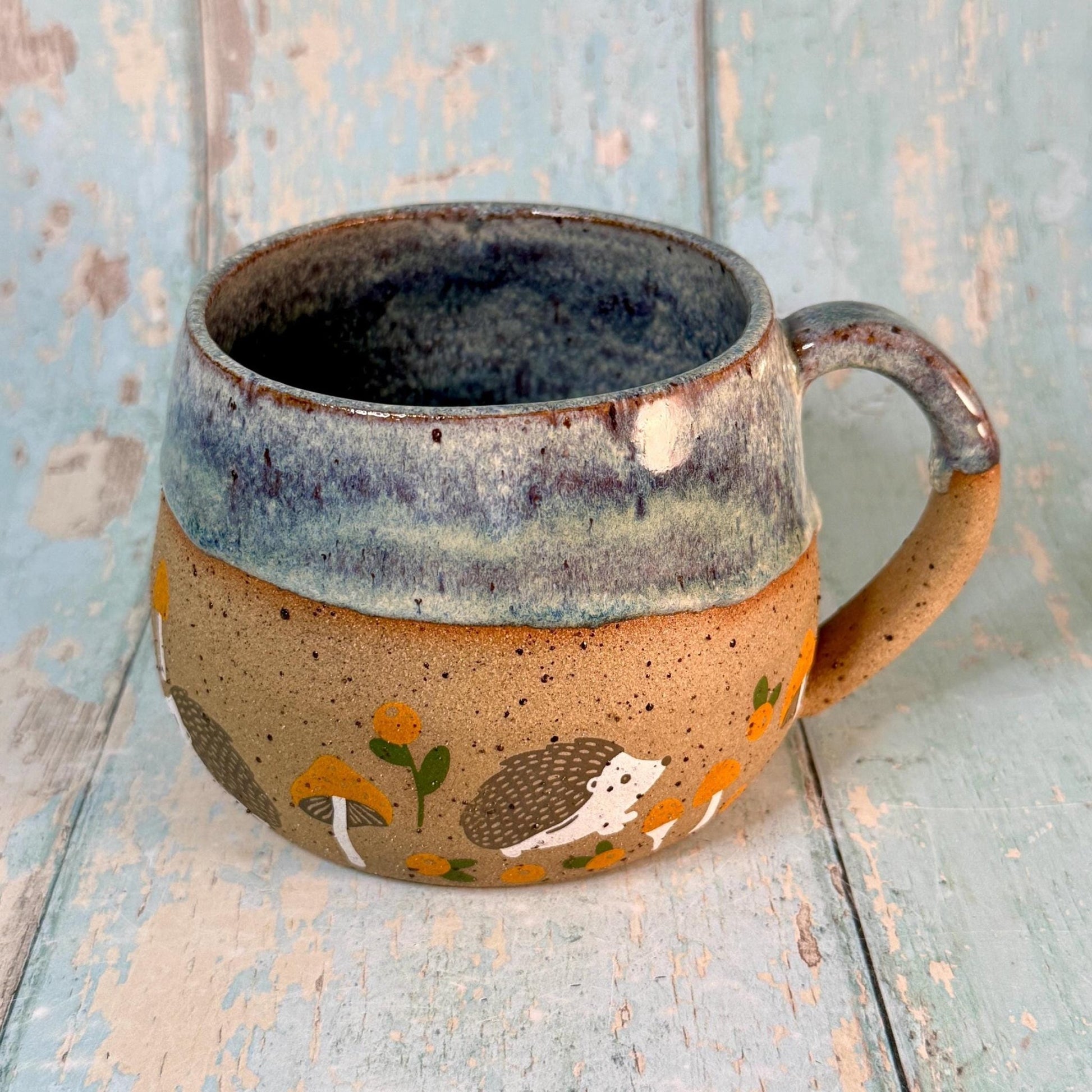 Blue Grey Hedgehog Mug, Large Ceramic Cup - FJD Ceramics