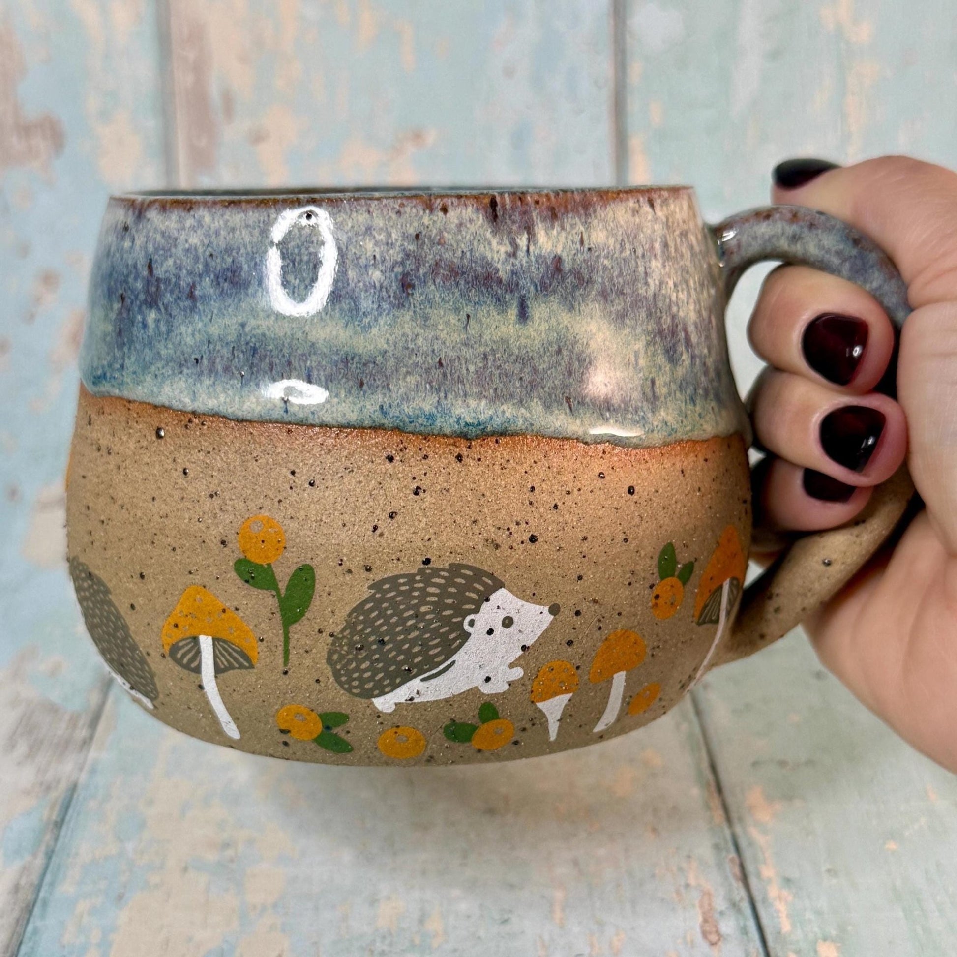 Blue Grey Hedgehog Mug, Large Ceramic Cup - FJD Ceramics