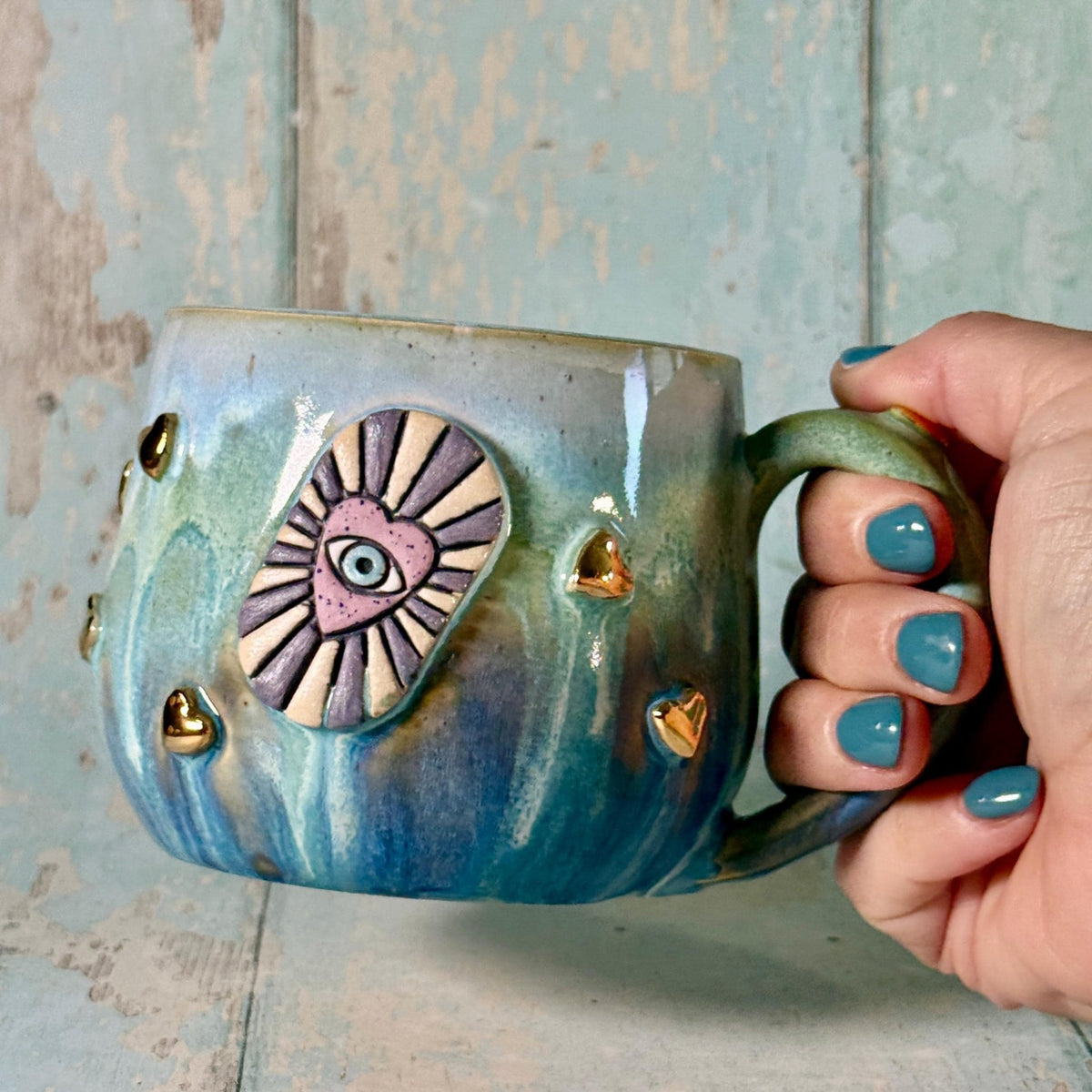 Blue Heart Mug, Boho Ceramic Cup - FJD Ceramics