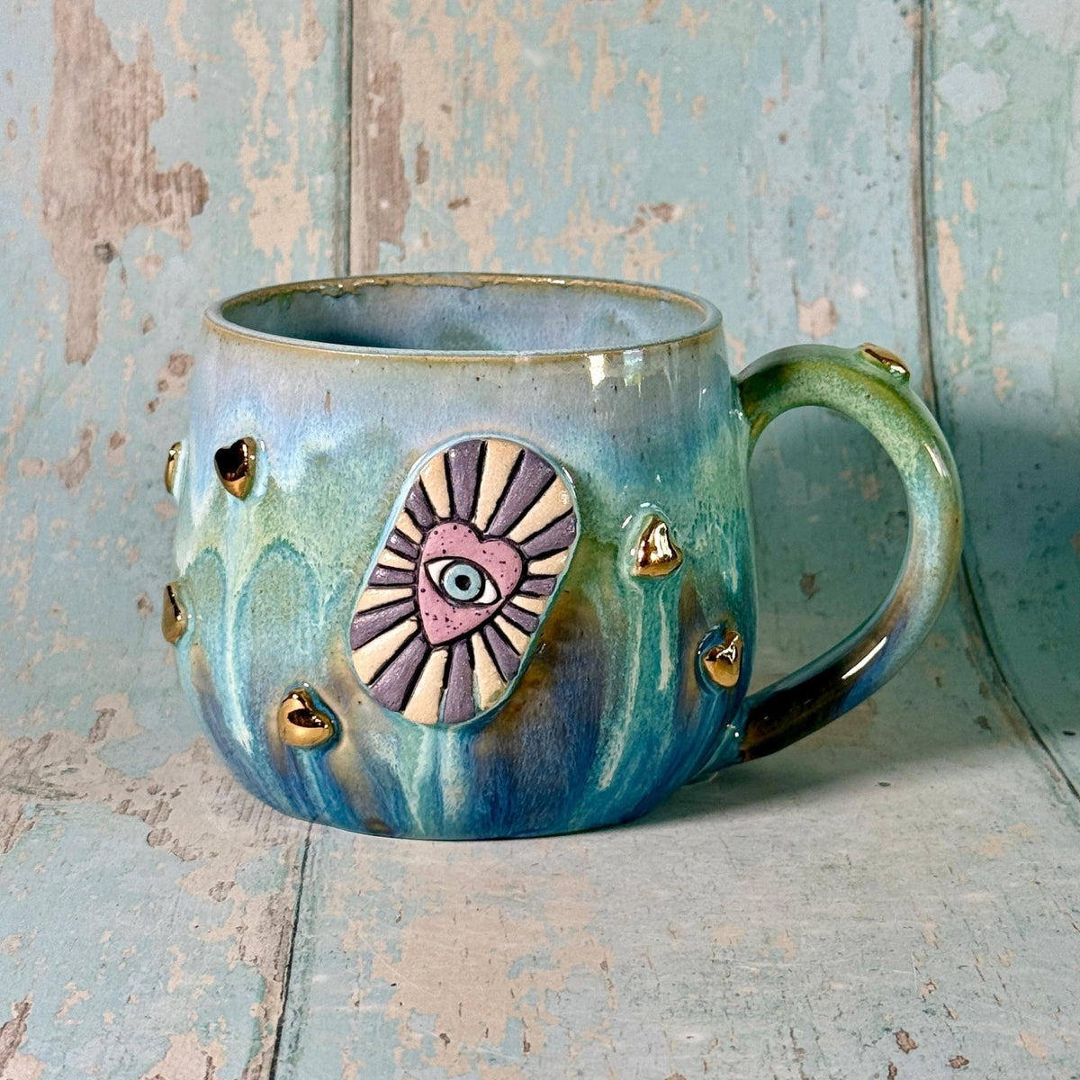 Blue Heart Mug, Boho Ceramic Cup - FJD Ceramics