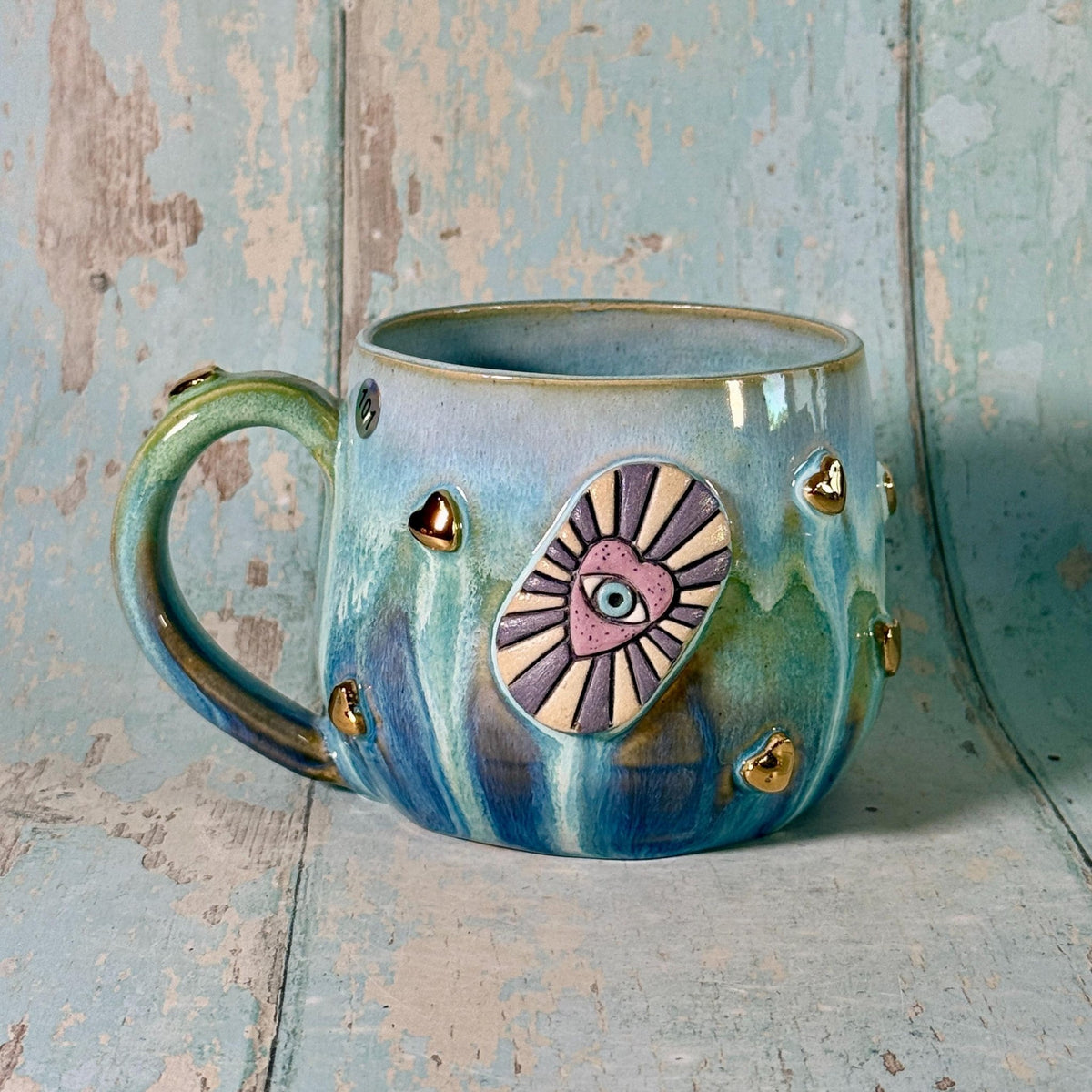 Blue Heart Mug, Boho Ceramic Cup - FJD Ceramics