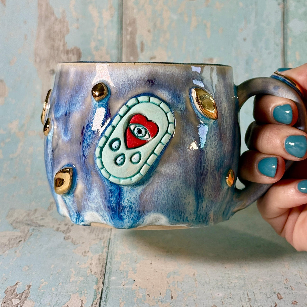 Blue Heart Mug, Boho Ceramic Cup - Second - FJD Ceramics