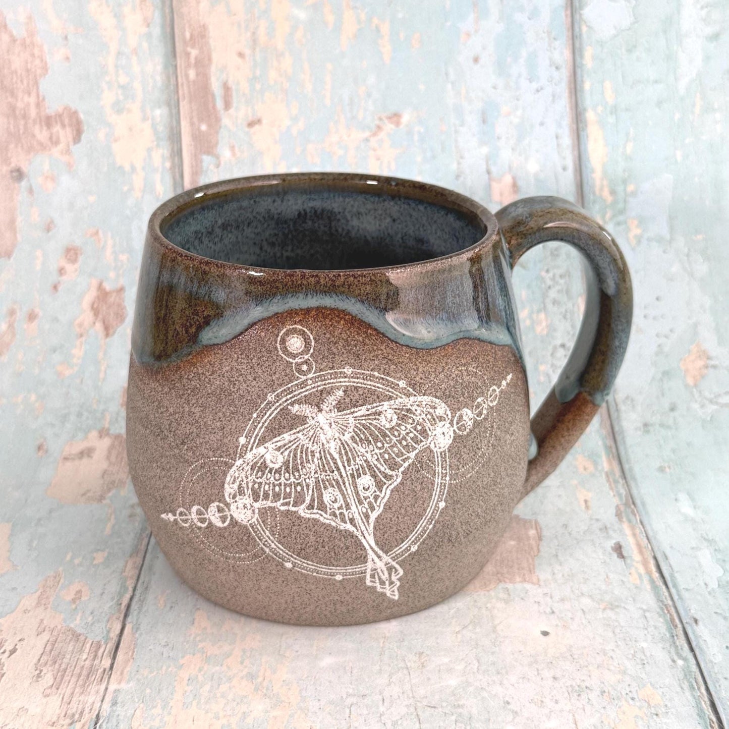 Blue Luna Moth Mug, Large Ceramic Cup - FJD Ceramics