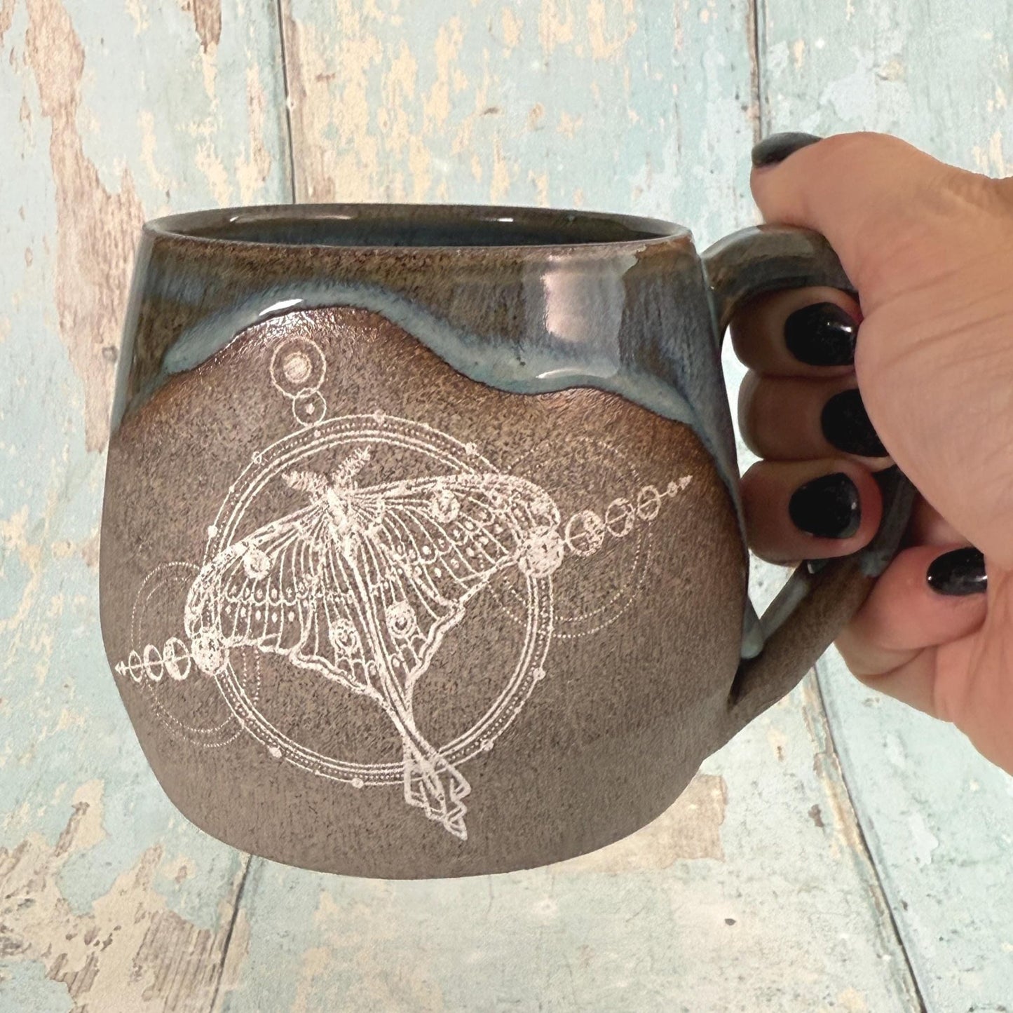 Blue Luna Moth Mug, Large Ceramic Cup - FJD Ceramics