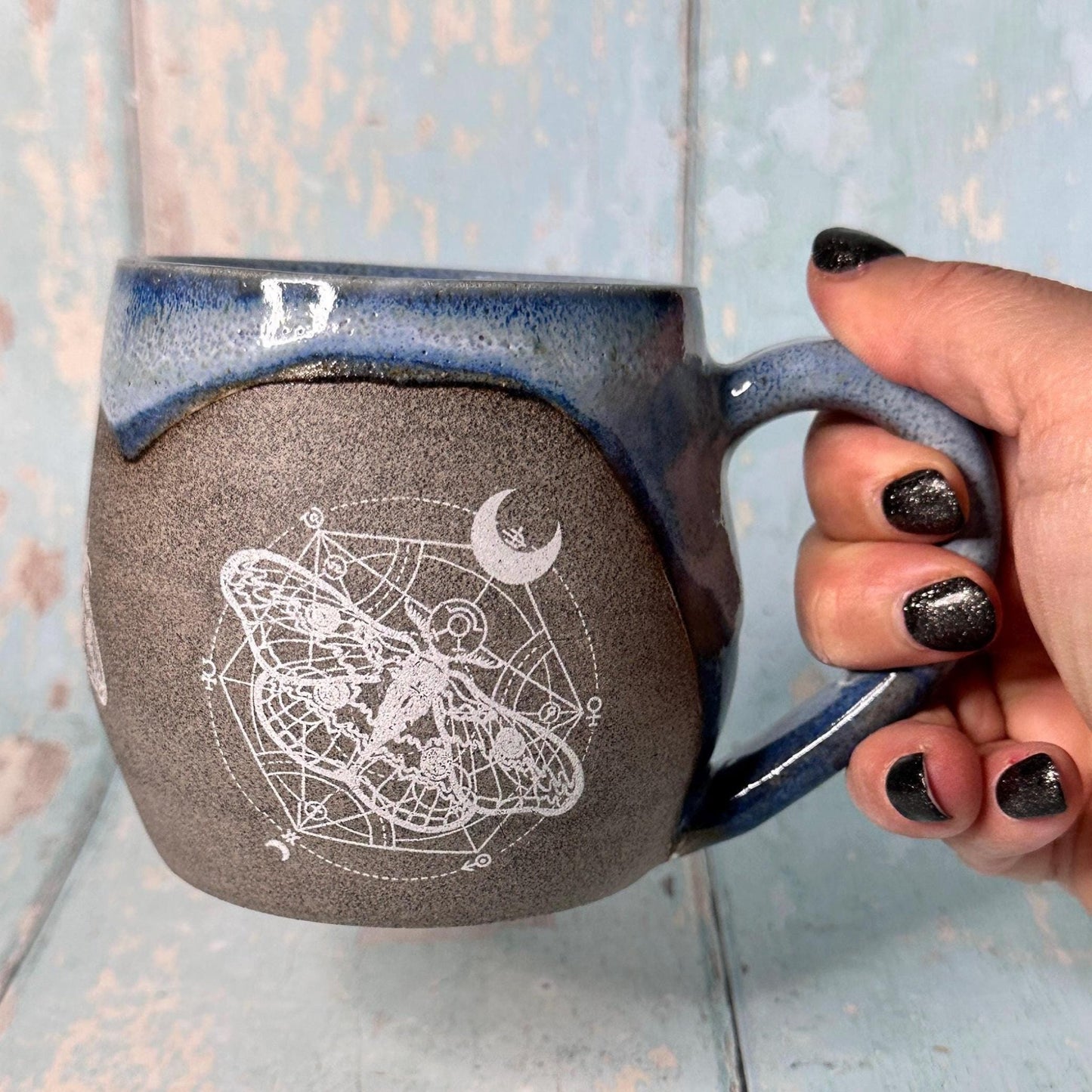Blue Moth Mug, Large Ceramic Cup - FJD Ceramics