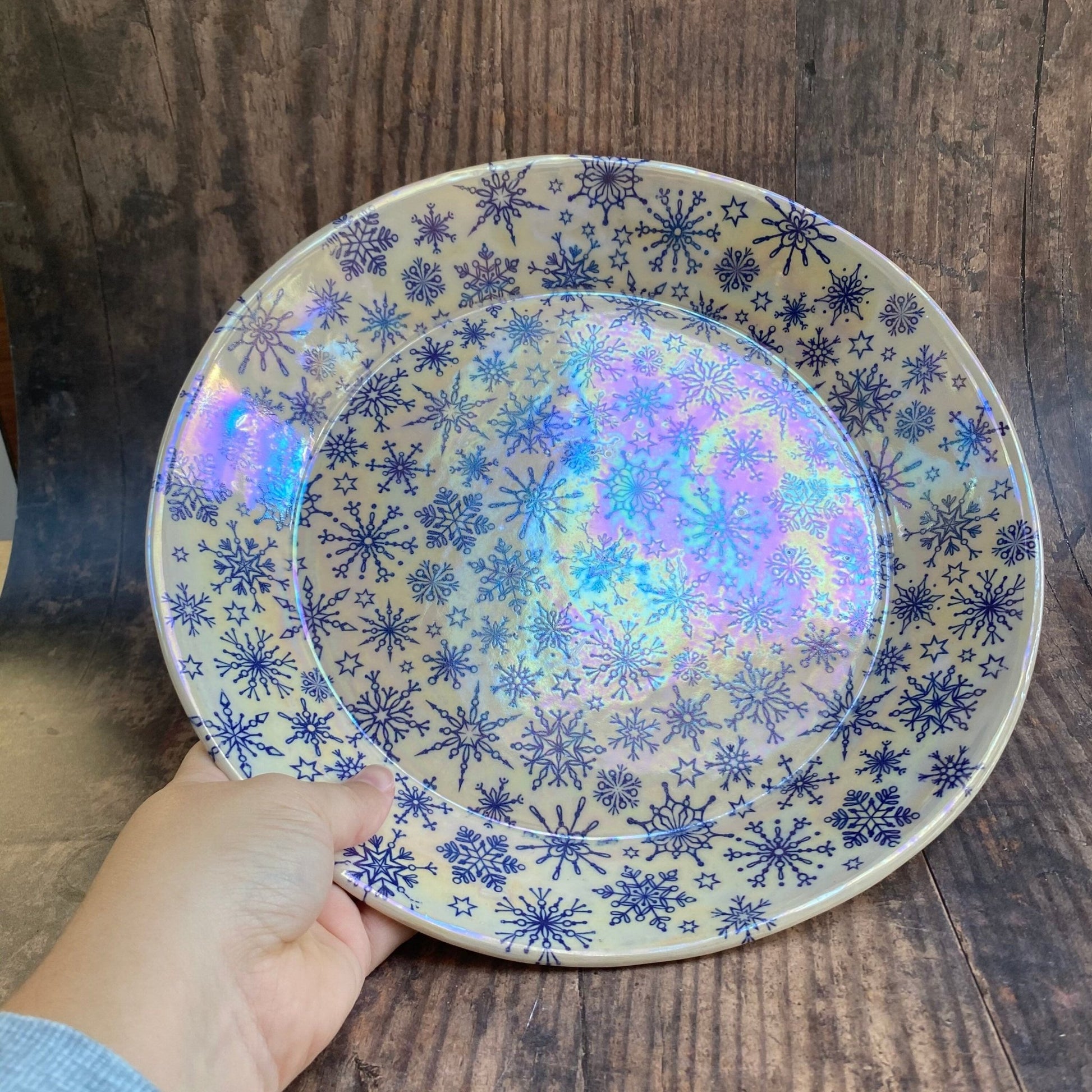Blue Snowflake Bowl, Large Ceramic Dish - FJD Ceramics