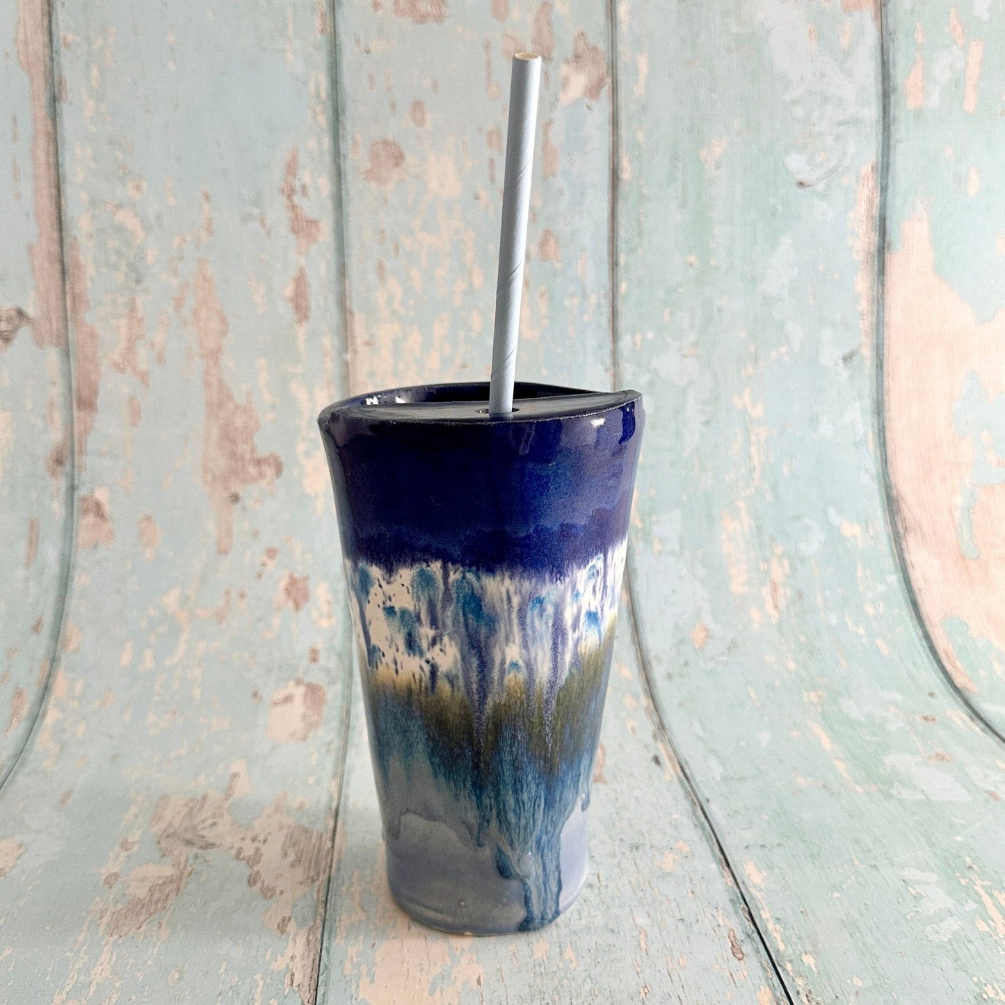 Blue Straw - holder Tumbler, Large Ceramic Cup - FJD Ceramics