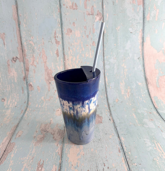 Blue Straw - holder Tumbler, Large Ceramic Cup - FJD Ceramics