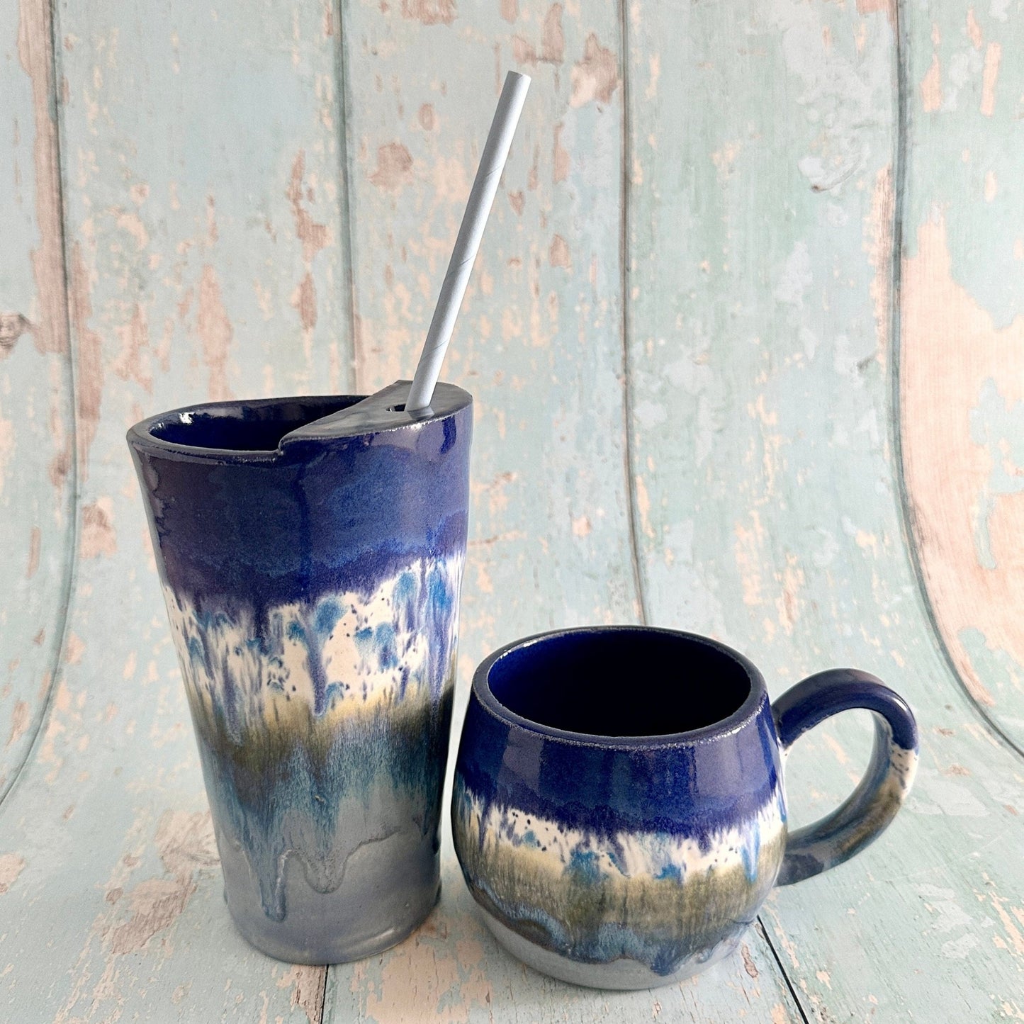 Blue Straw - holder Tumbler, Large Ceramic Cup - FJD Ceramics
