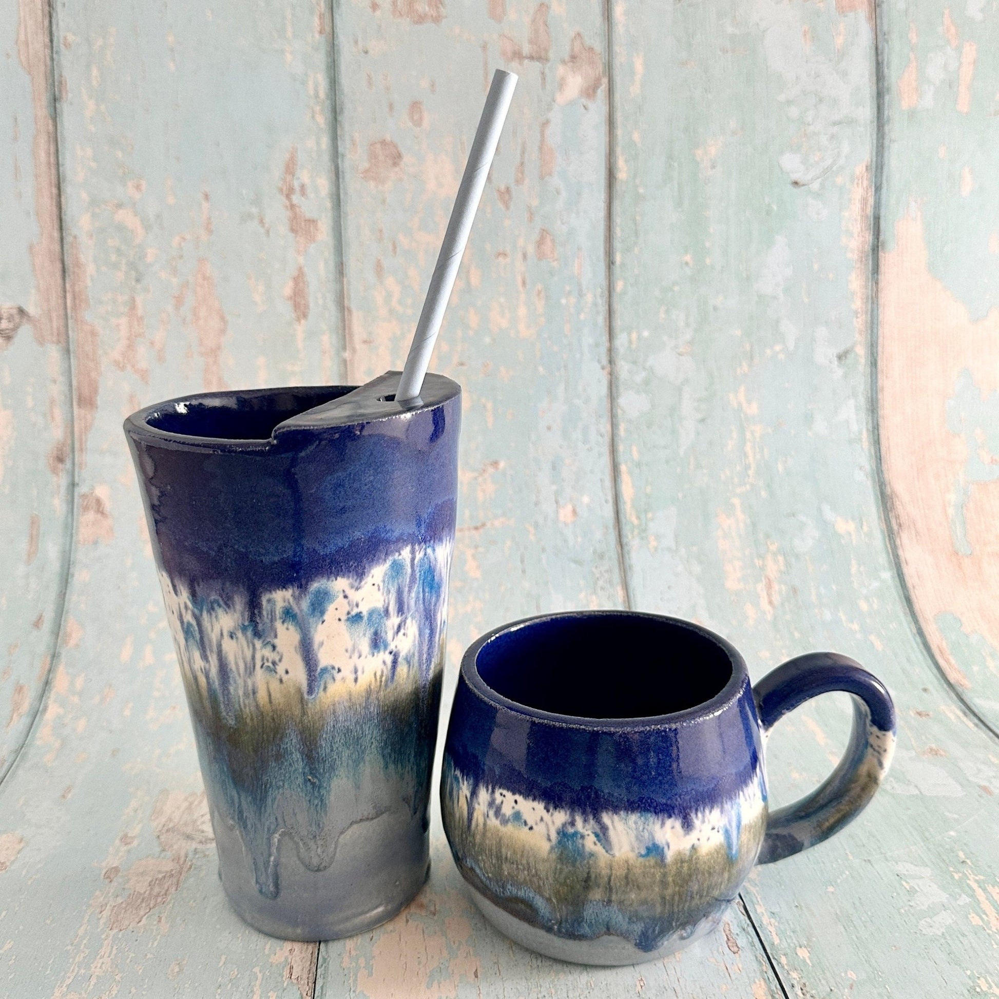 Blue Straw - holder Tumbler, Large Ceramic Cup - FJD Ceramics