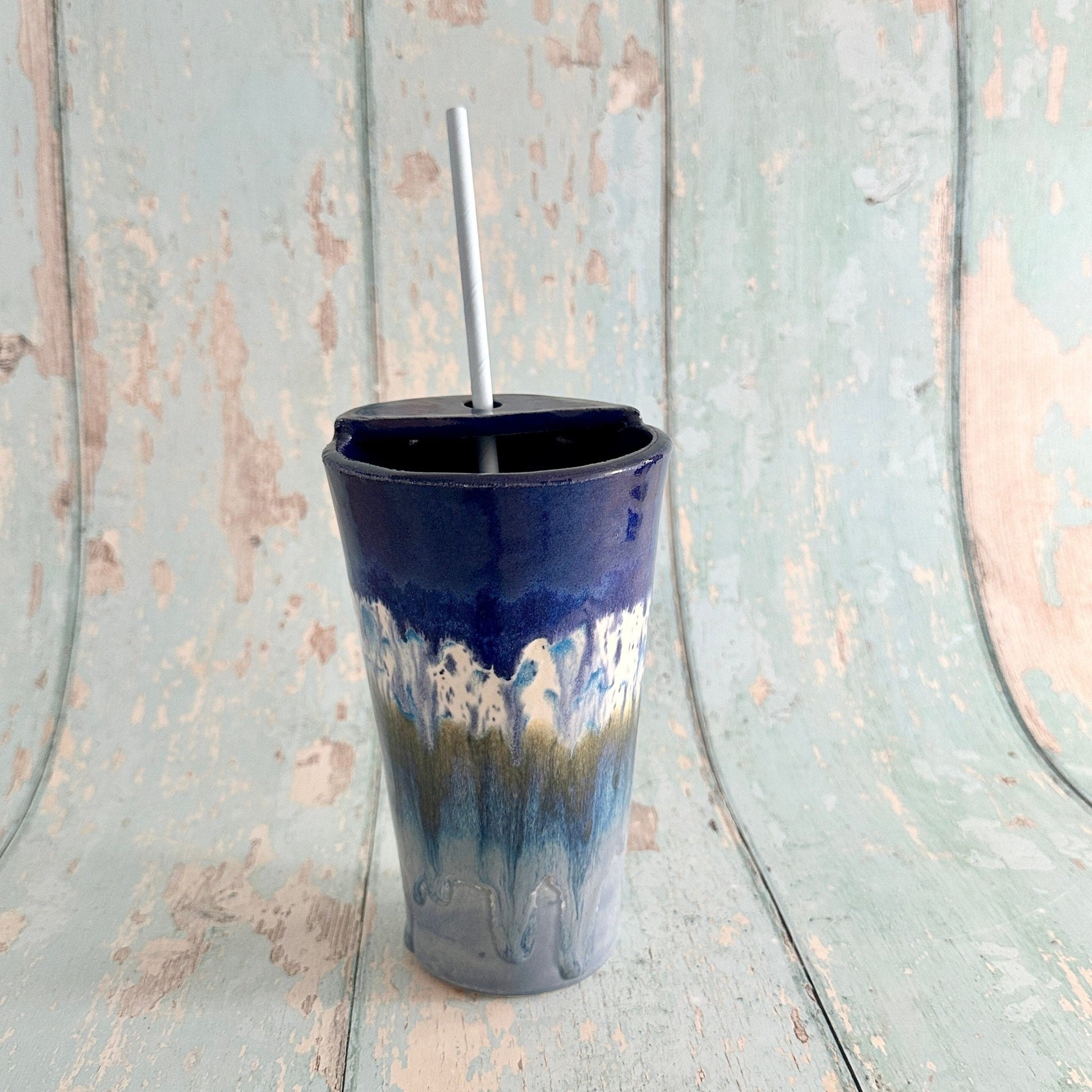 Blue Straw - holder Tumbler, Large Ceramic Cup - FJD Ceramics
