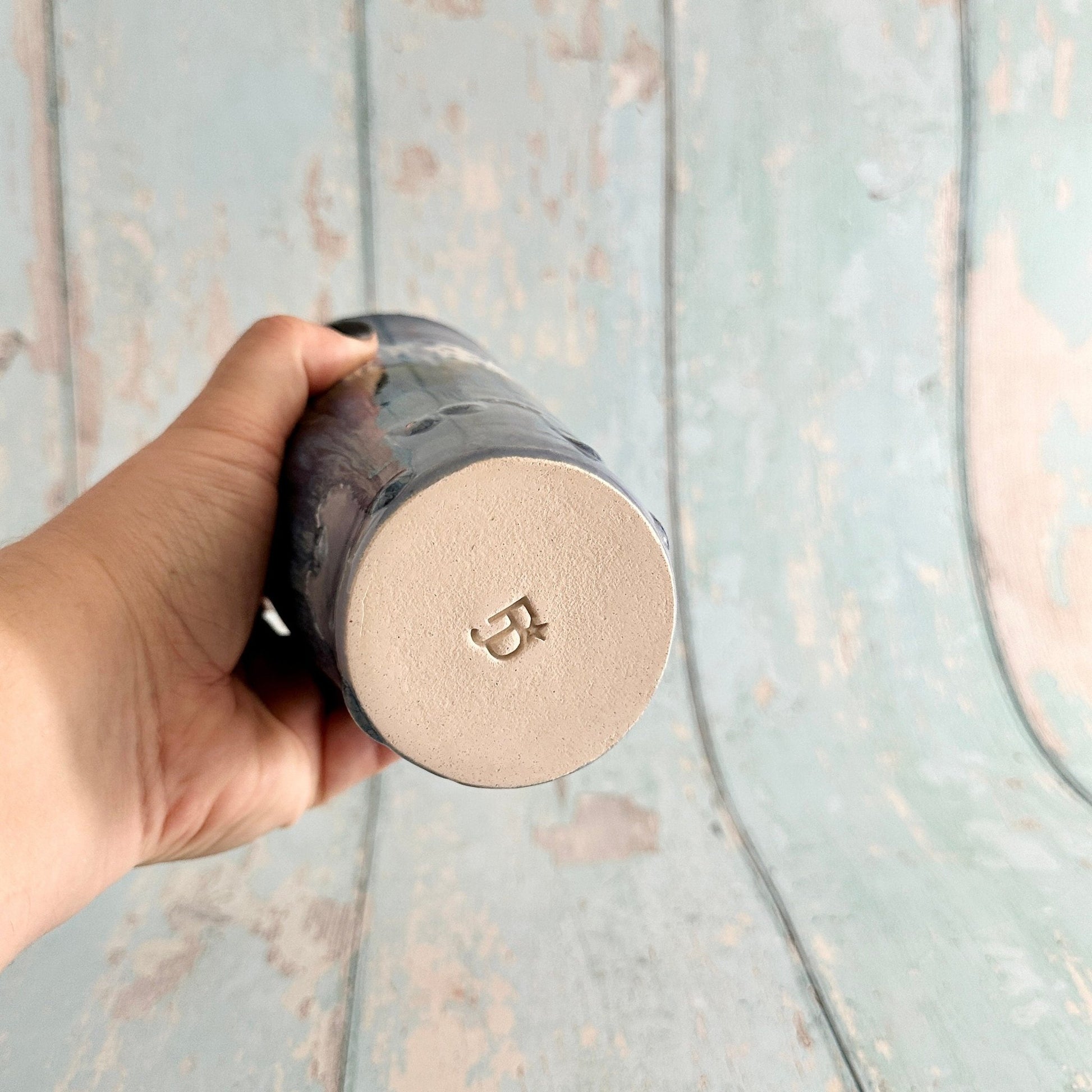 Blue Straw - holder Tumbler, Large Ceramic Cup - FJD Ceramics