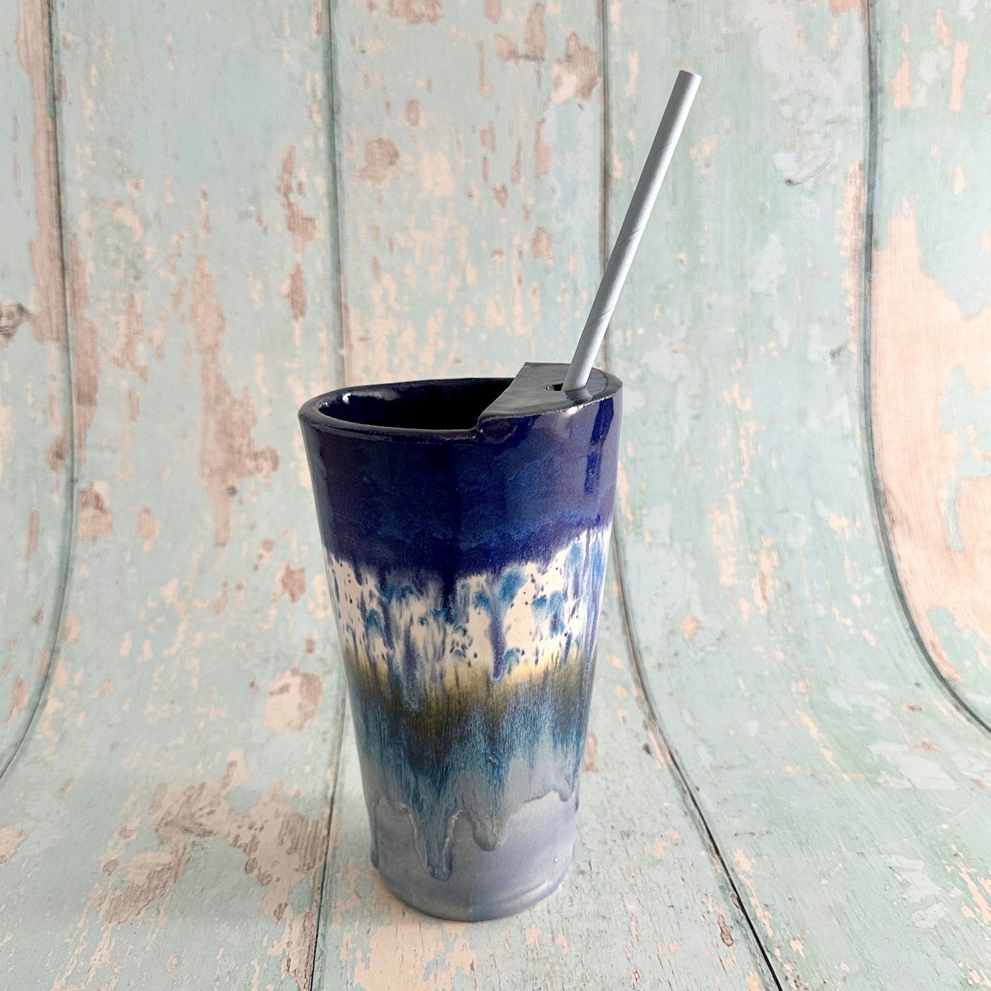 Blue Straw - holder Tumbler, Large Ceramic Cup - FJD Ceramics