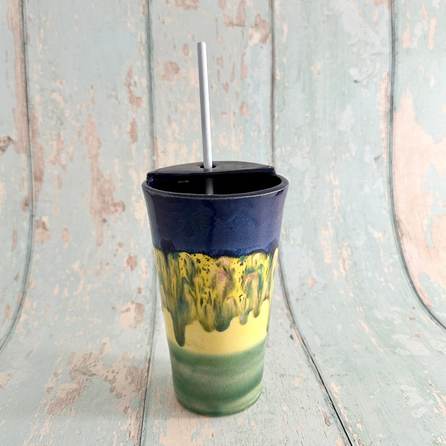 Blue, Yellow and Green Straw - holder Tumbler, Large Ceramic Cup - FJD Ceramics