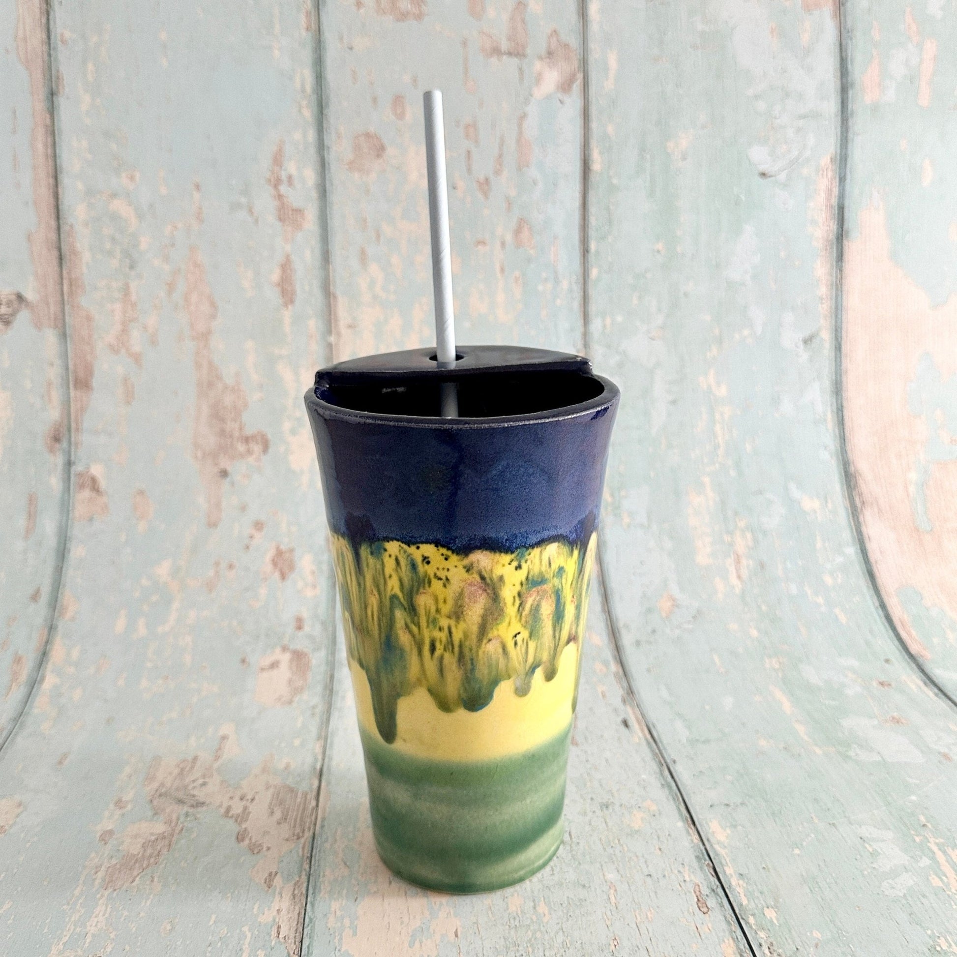 Blue, Yellow and Green Straw - holder Tumbler, Large Ceramic Cup - FJD Ceramics