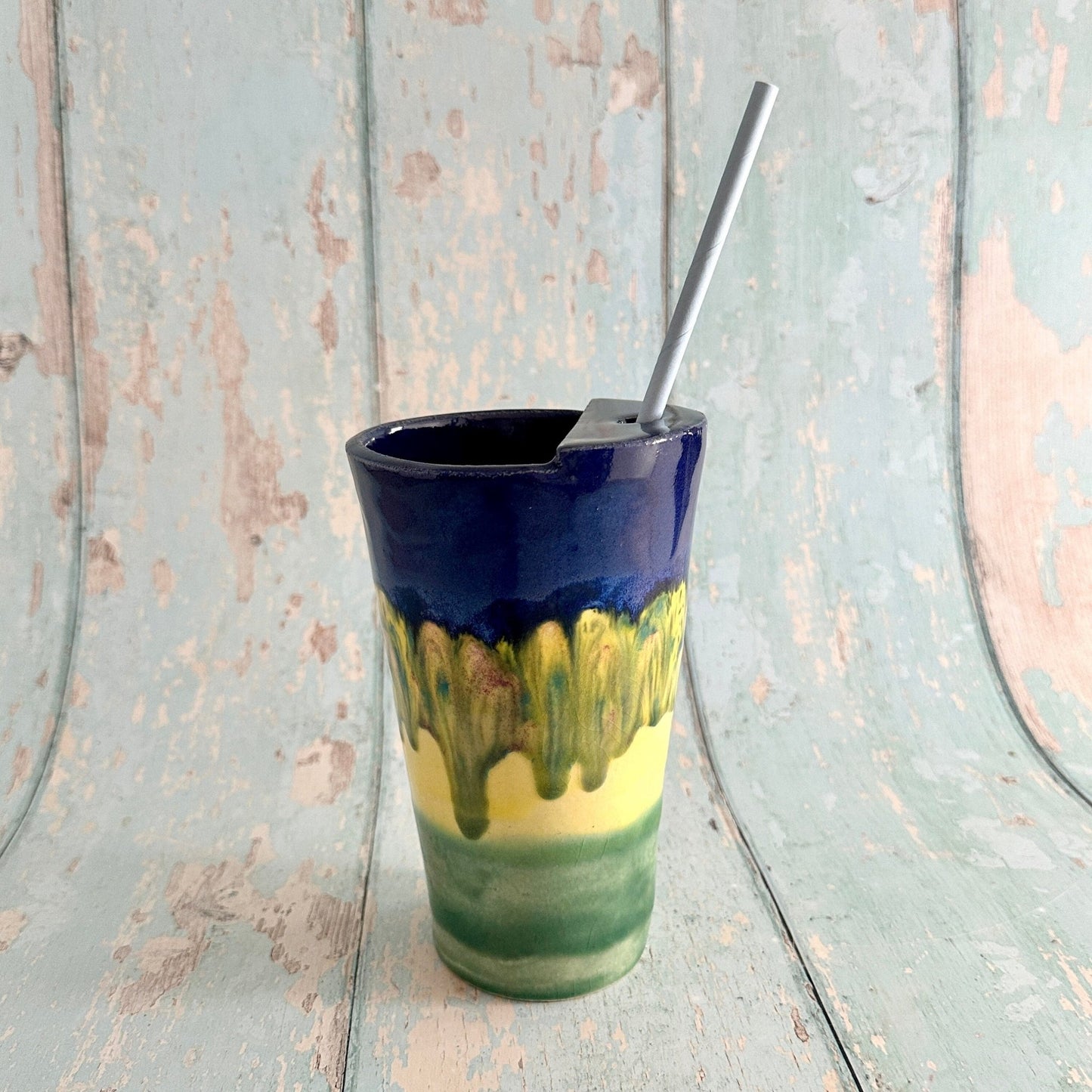 Blue, Yellow and Green Straw - holder Tumbler, Large Ceramic Cup - FJD Ceramics