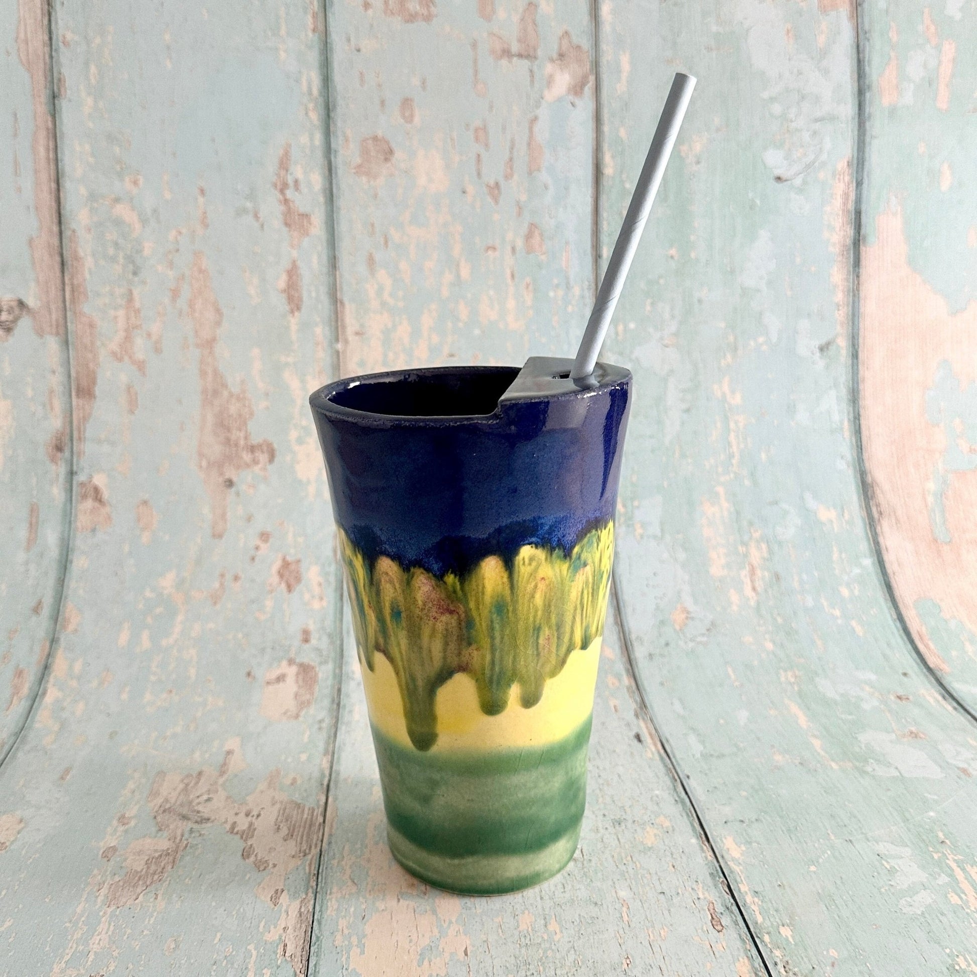 Blue, Yellow and Green Straw - holder Tumbler, Large Ceramic Cup - FJD Ceramics