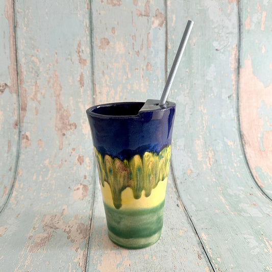 Blue, Yellow and Green Straw - holder Tumbler, Large Ceramic Cup - FJD Ceramics