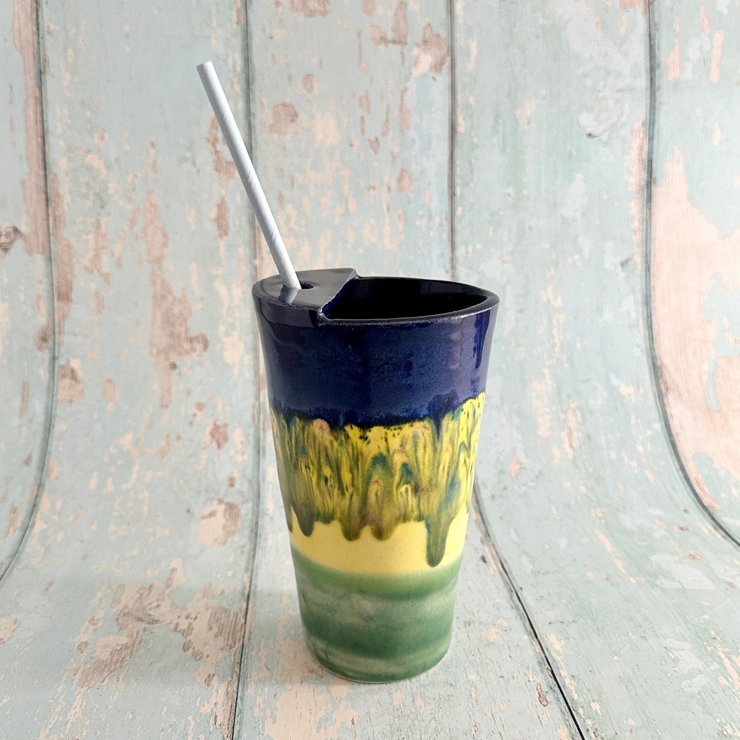 Blue, Yellow and Green Straw - holder Tumbler, Large Ceramic Cup - FJD Ceramics