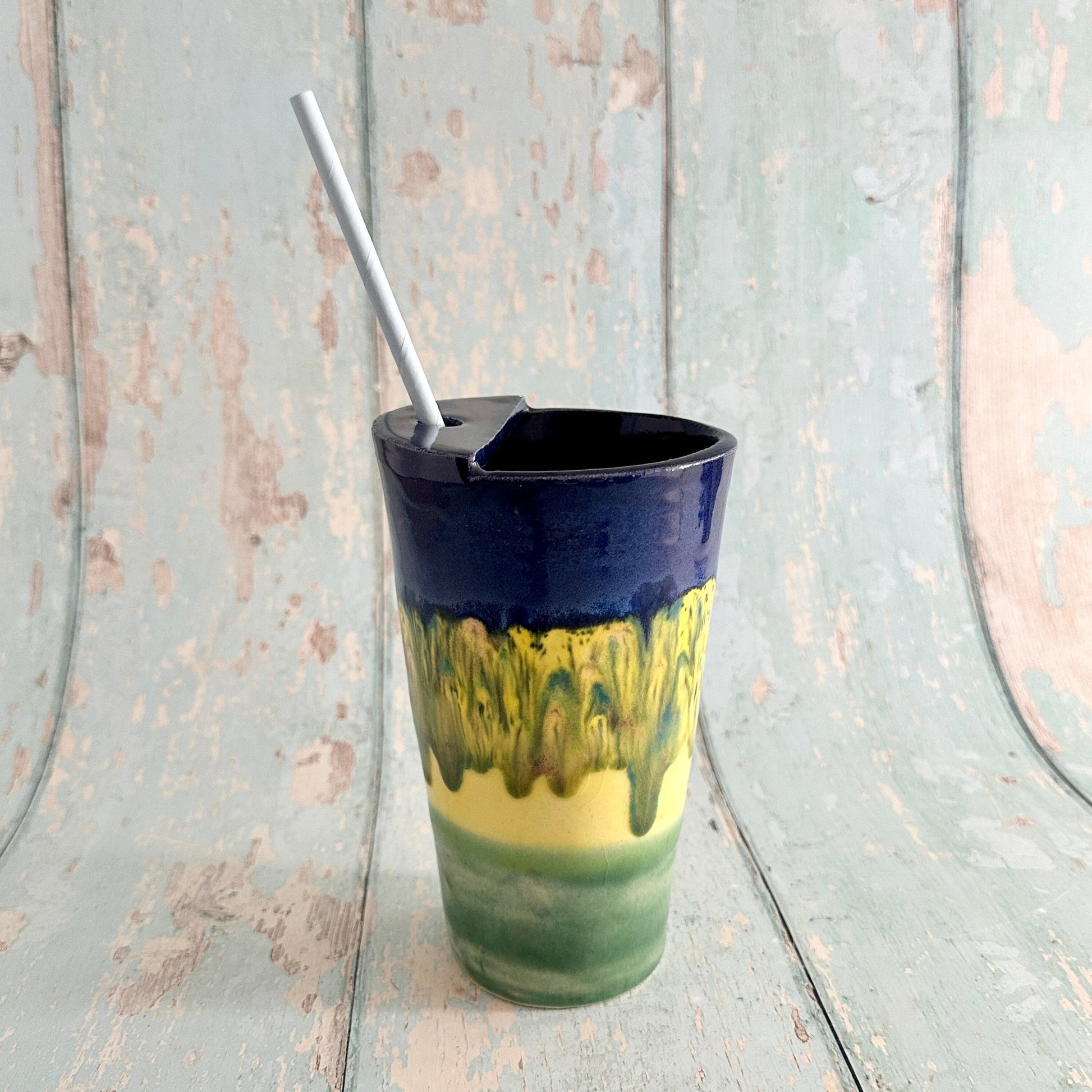 Blue, Yellow and Green Straw - holder Tumbler, Large Ceramic Cup - FJD Ceramics