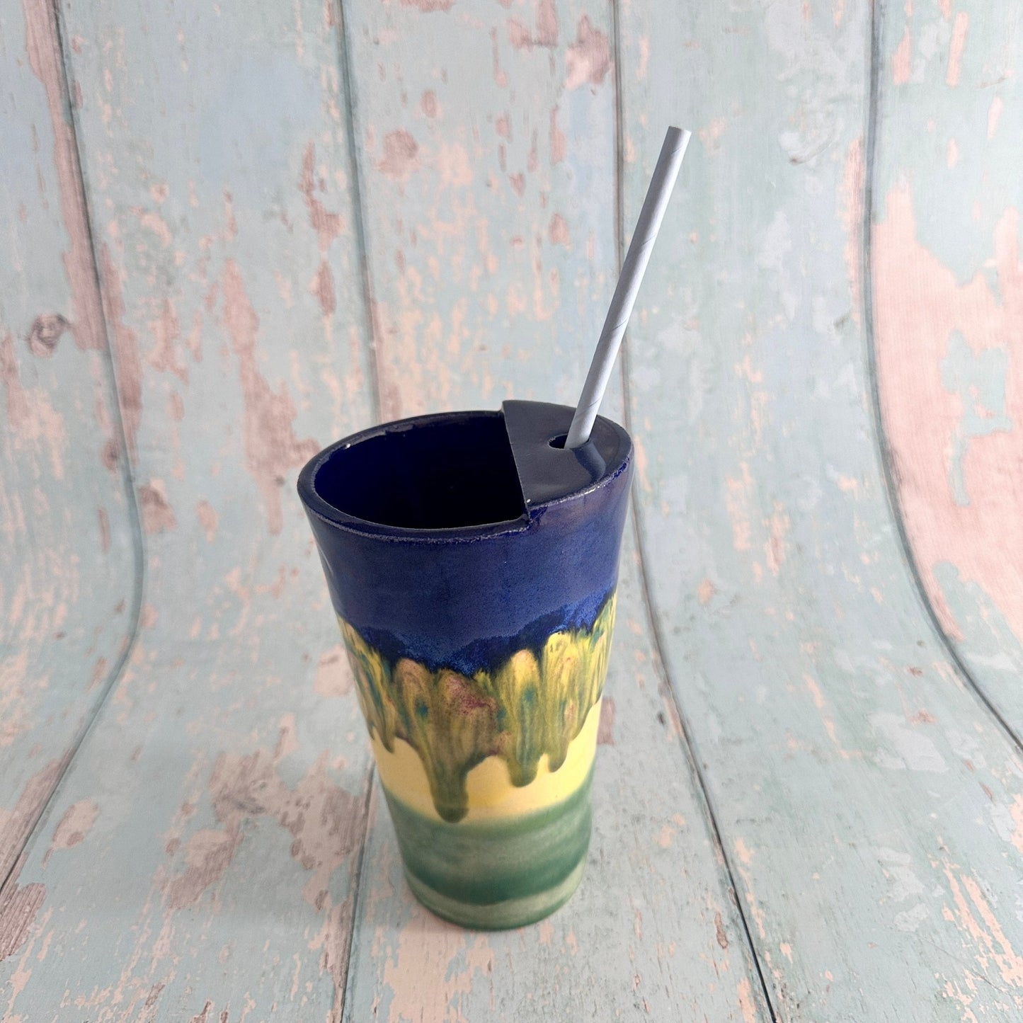 Blue, Yellow and Green Straw - holder Tumbler, Large Ceramic Cup - FJD Ceramics