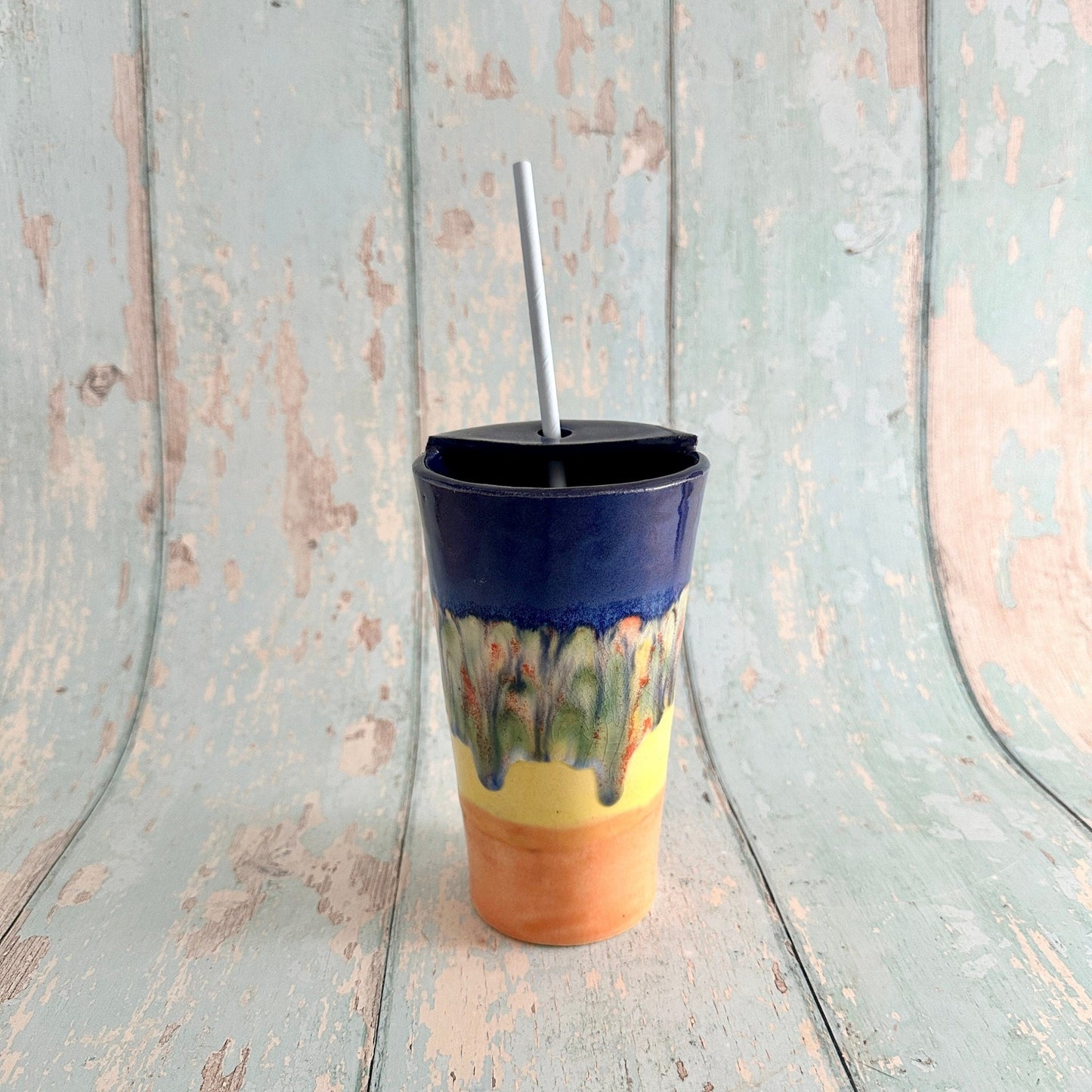 Blue, Yellow and Orange Straw - holder Tumbler, Large Ceramic Cup - FJD Ceramics