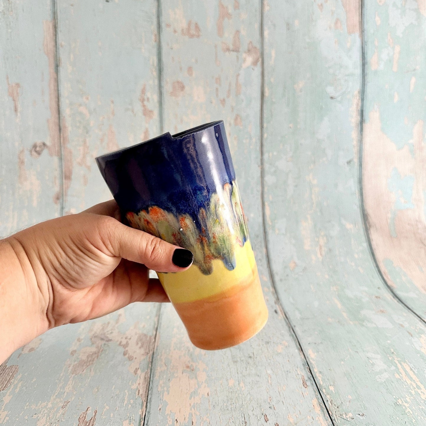 Blue, Yellow and Orange Straw - holder Tumbler, Large Ceramic Cup - FJD Ceramics