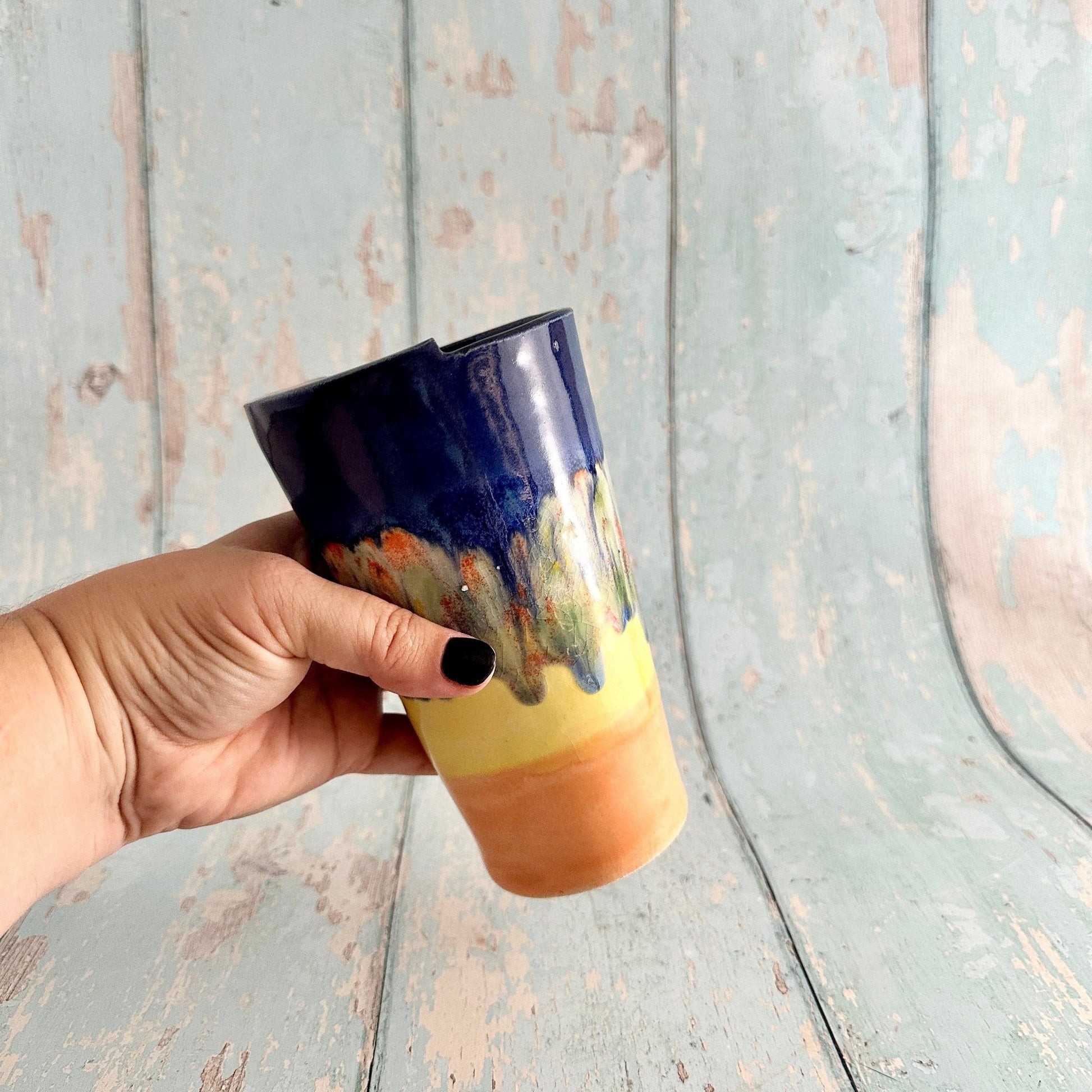 Blue, Yellow and Orange Straw - holder Tumbler, Large Ceramic Cup - FJD Ceramics