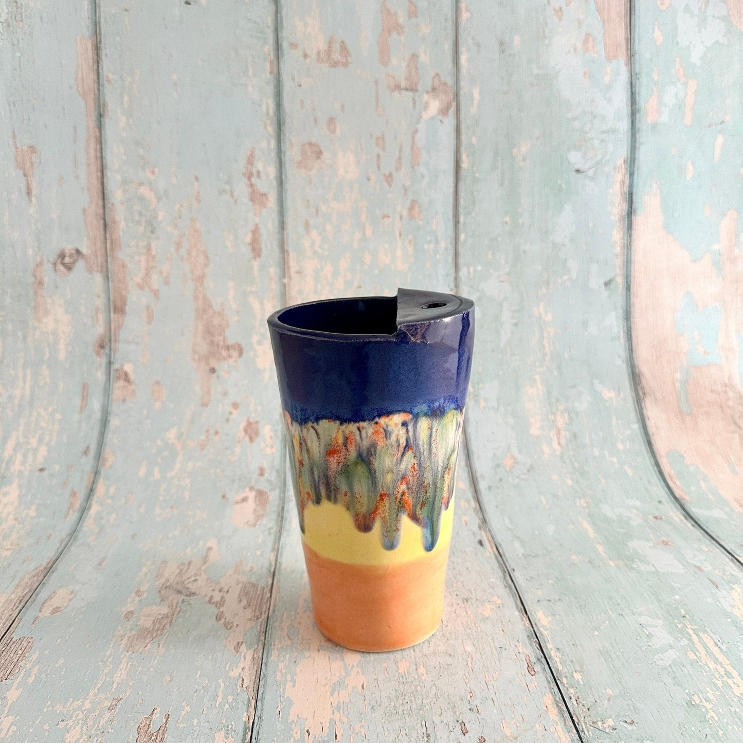 Blue, Yellow and Orange Straw - holder Tumbler, Large Ceramic Cup - FJD Ceramics