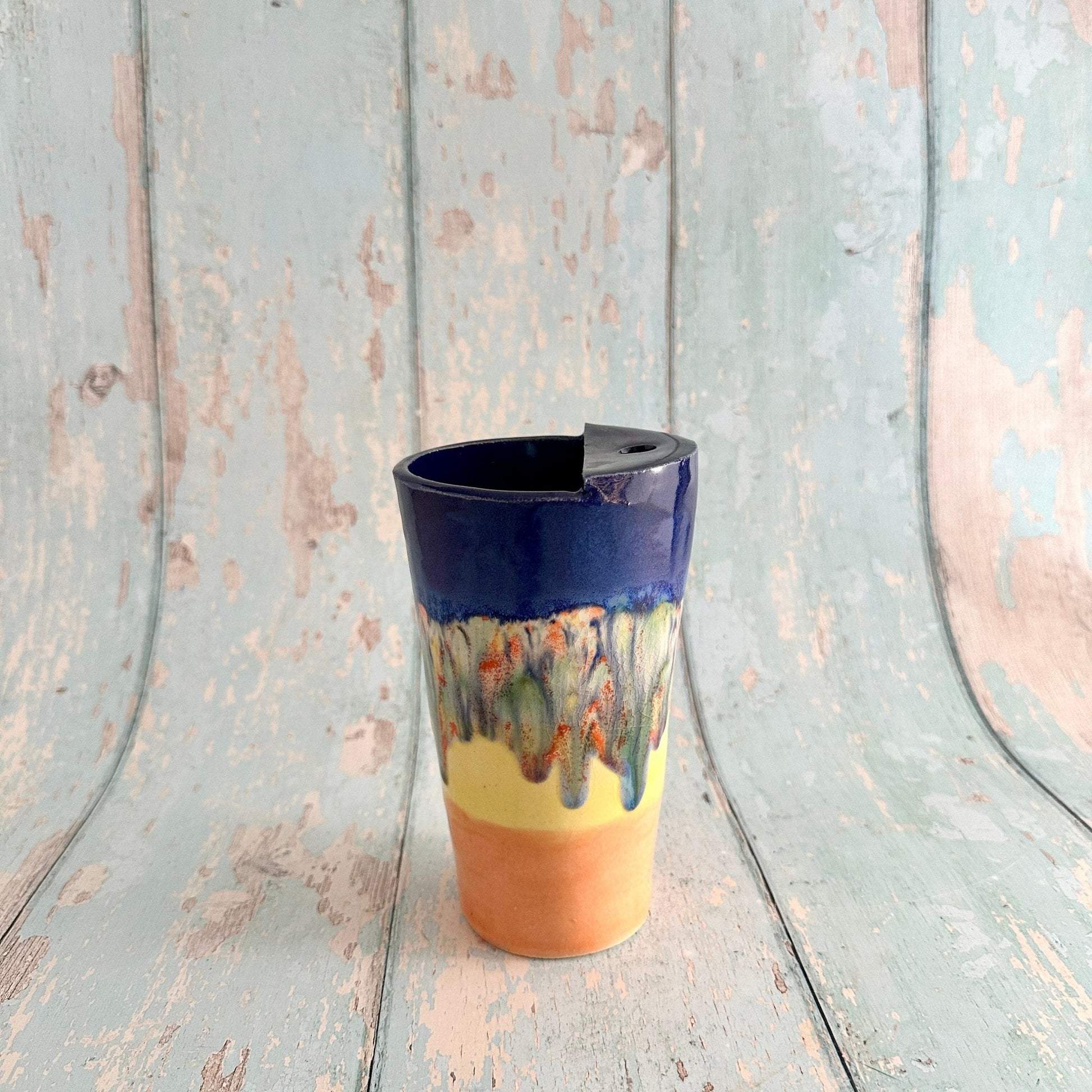 Blue, Yellow and Orange Straw - holder Tumbler, Large Ceramic Cup - FJD Ceramics