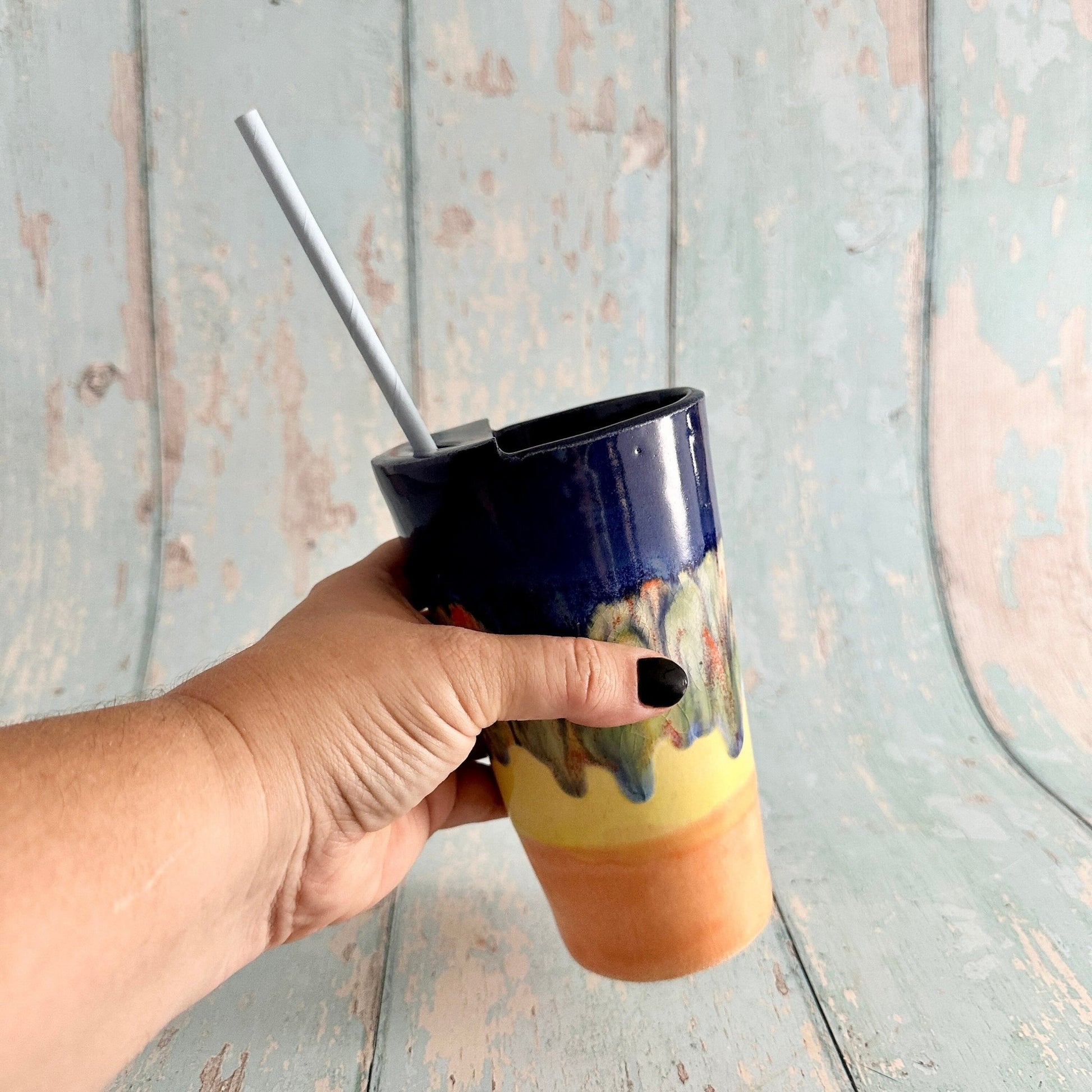 Blue, Yellow and Orange Straw - holder Tumbler, Large Ceramic Cup - FJD Ceramics