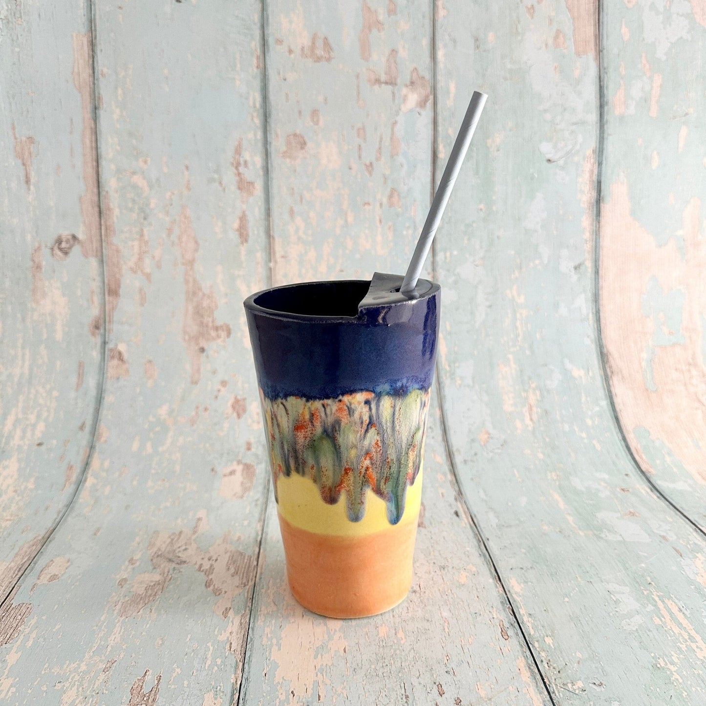 Blue, Yellow and Orange Straw - holder Tumbler, Large Ceramic Cup - FJD Ceramics