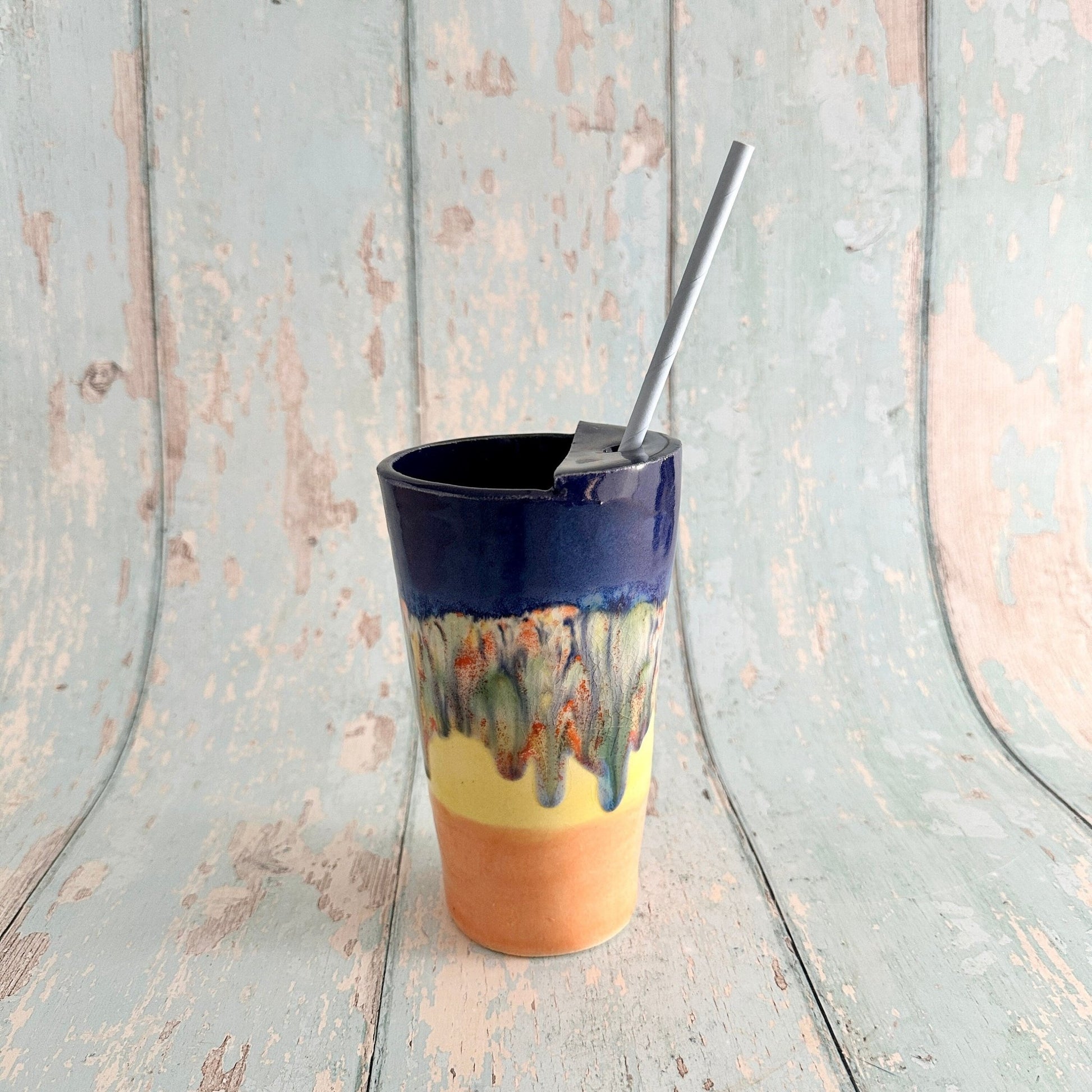 Blue, Yellow and Orange Straw - holder Tumbler, Large Ceramic Cup - FJD Ceramics