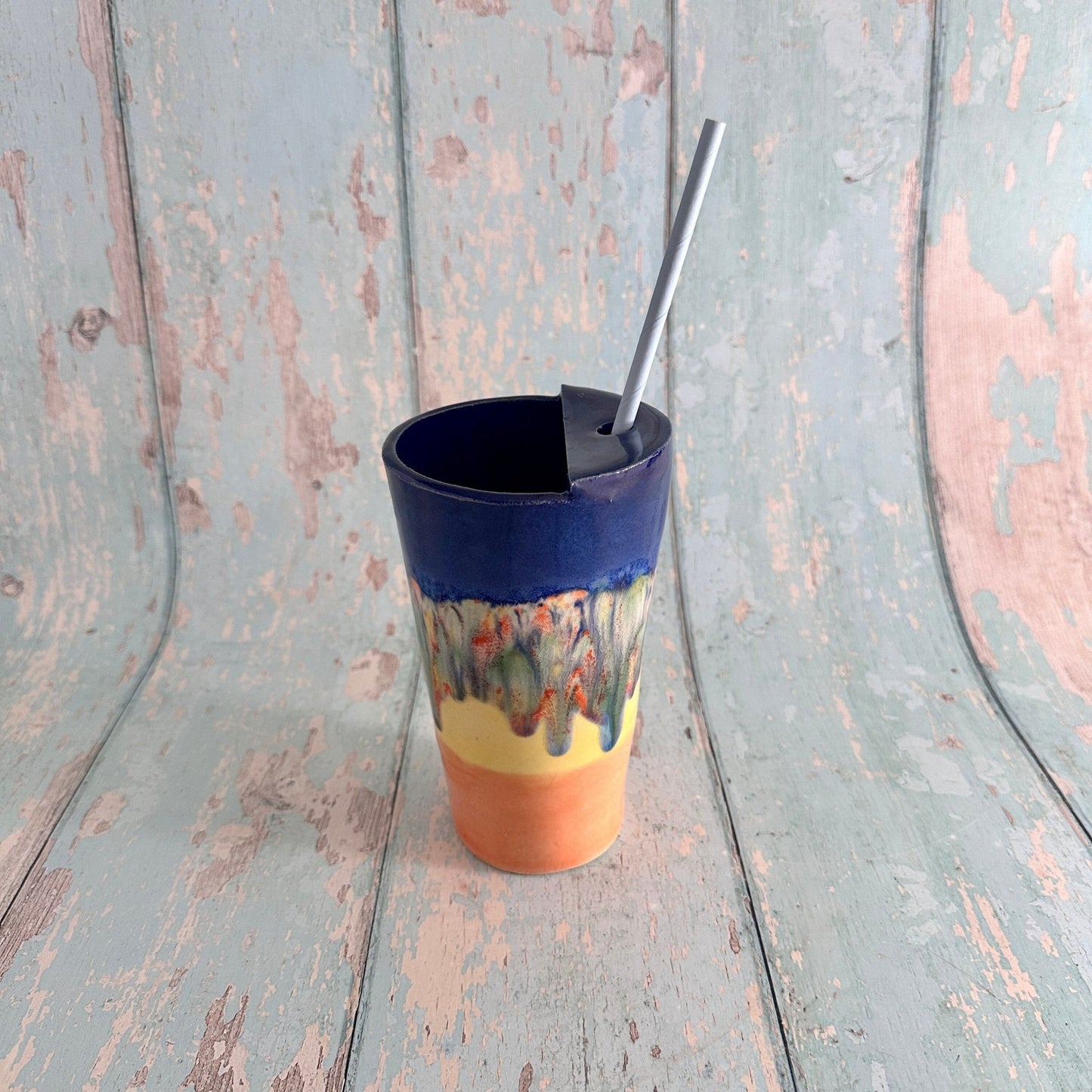 Blue, Yellow and Orange Straw - holder Tumbler, Large Ceramic Cup - FJD Ceramics