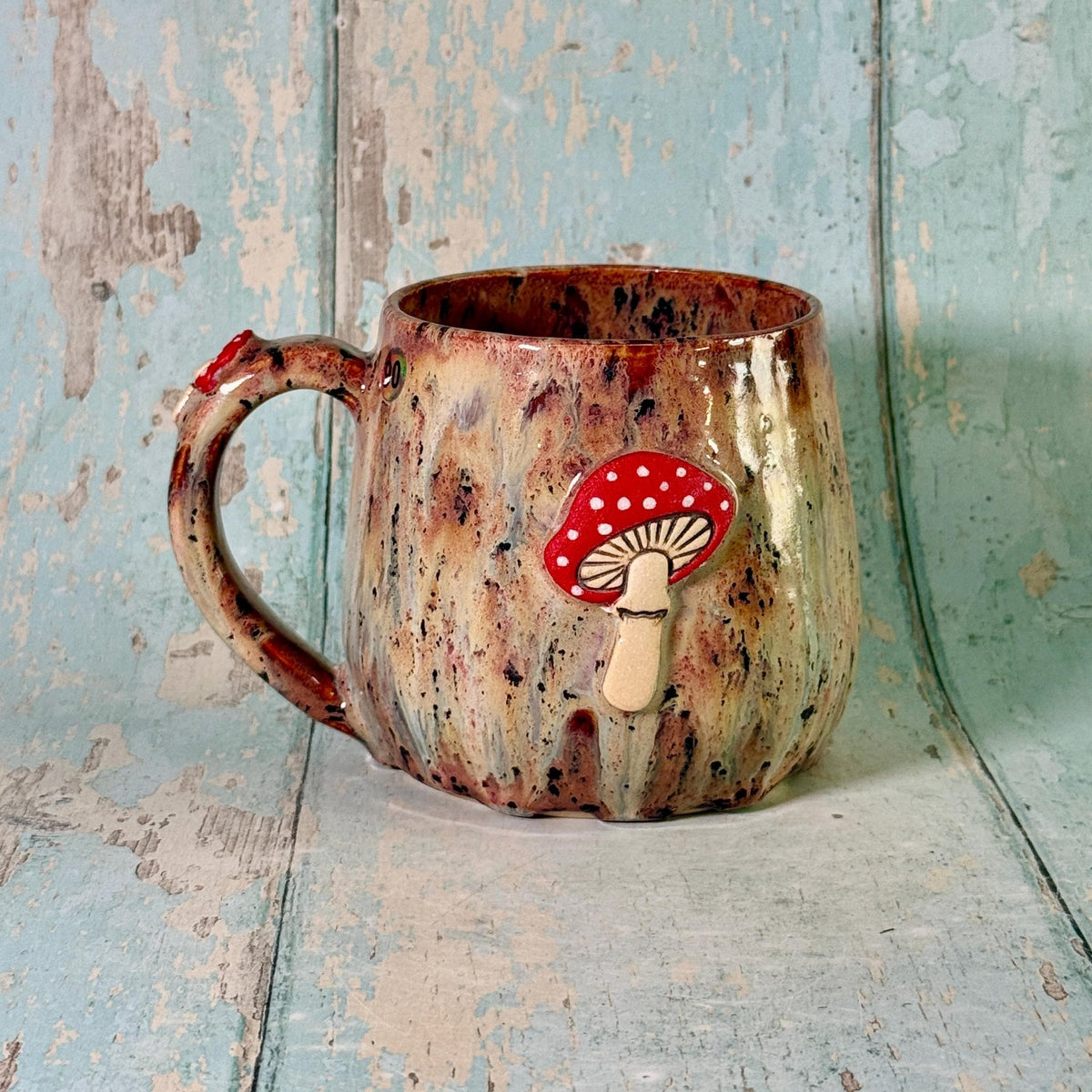 Brown Speckled and Red Mushroom Mug, Fungi Ceramic Cup - FJD Ceramics