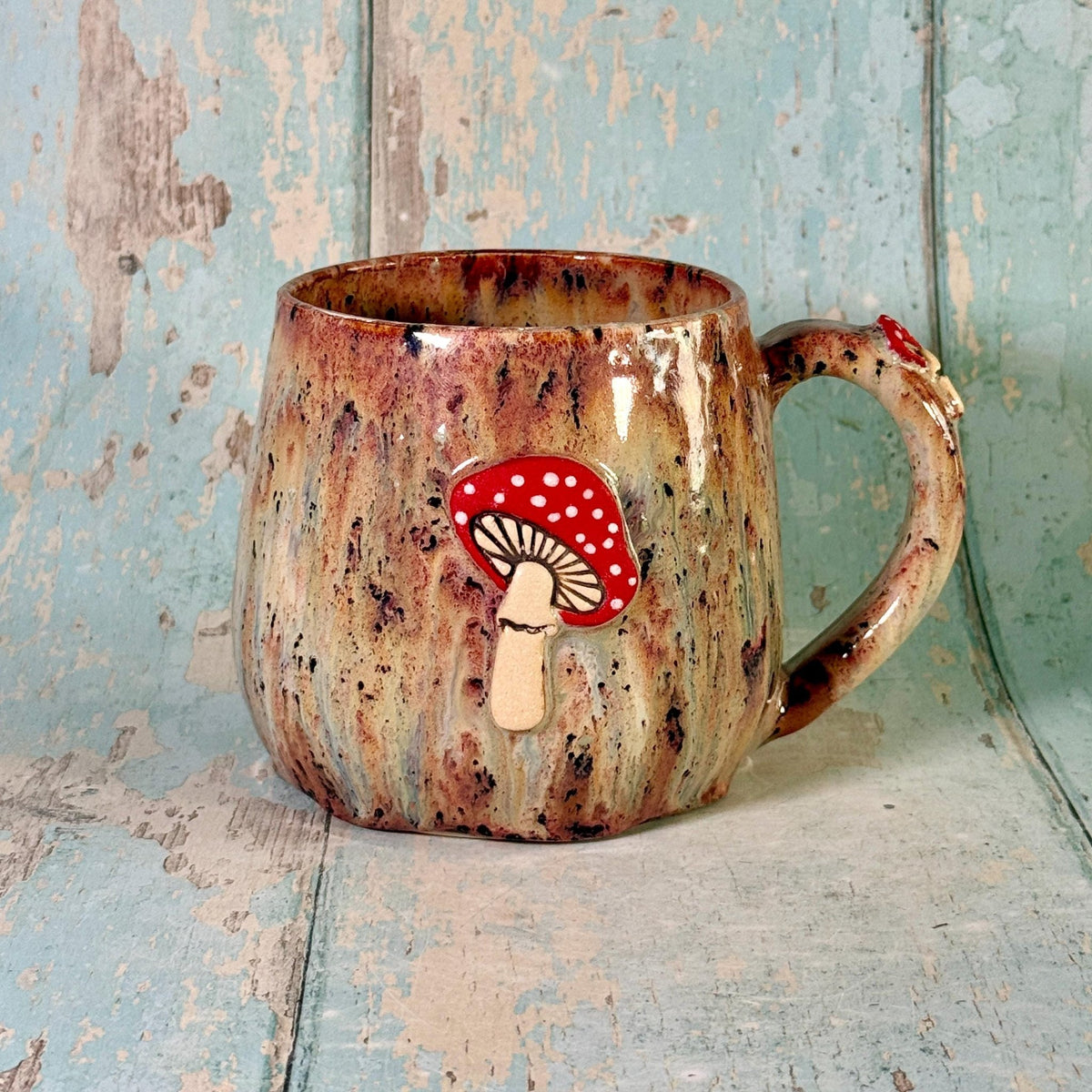 Brown Speckled and Red Mushroom Mug, Fungi Ceramic Cup - FJD Ceramics