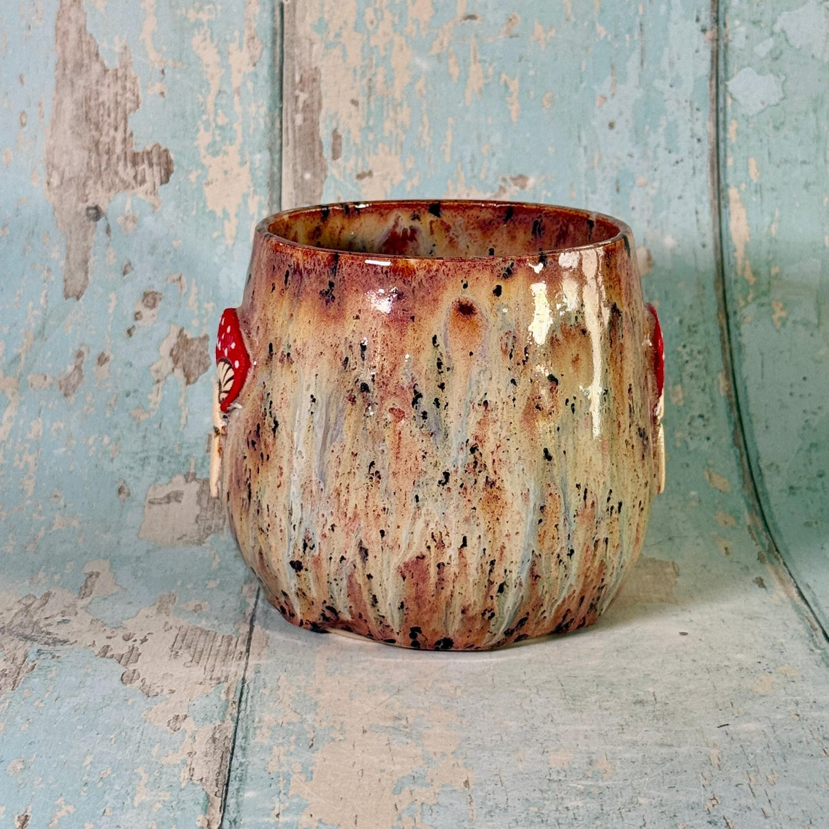 Brown Speckled and Red Mushroom Mug, Fungi Ceramic Cup - FJD Ceramics