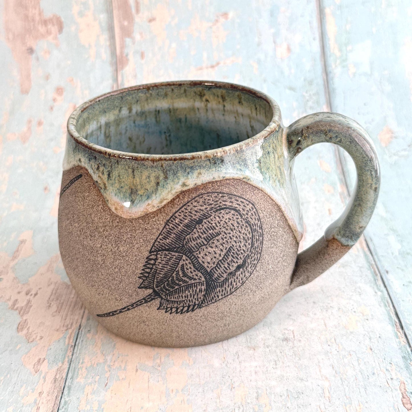 Green Grey Horseshoe Crab Dollar Mug, Large Ceramic Cup