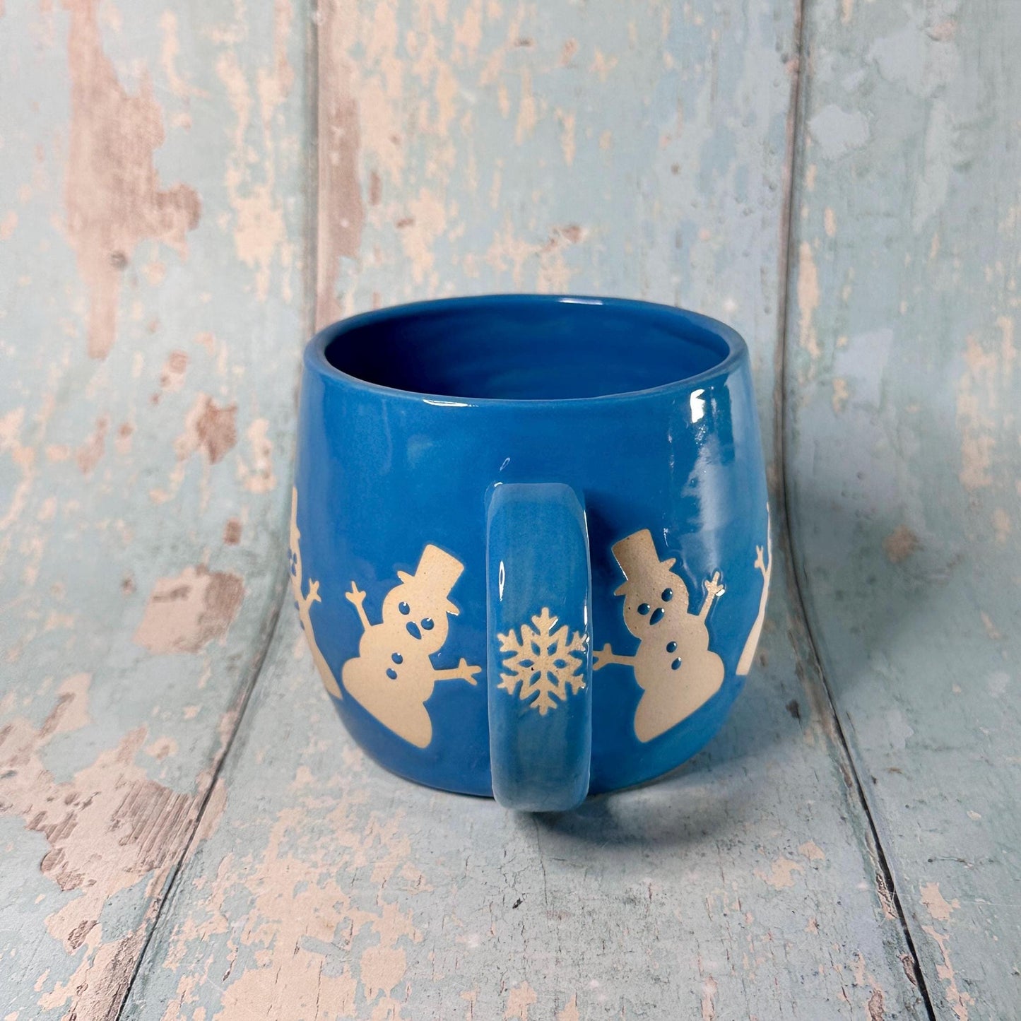 Blue Christmas Snowman Mug, Handmade Ceramic Cup