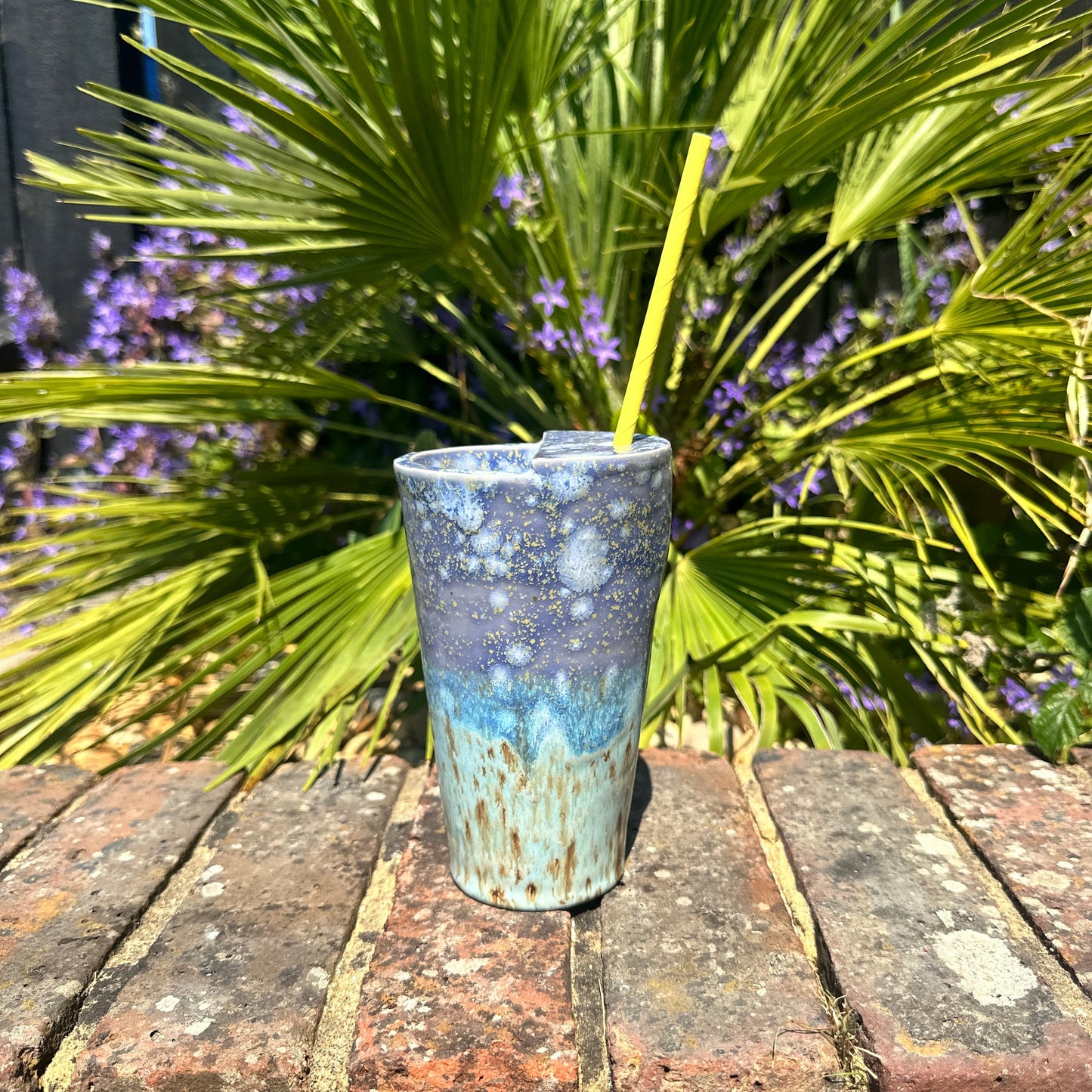 Tall Ceramic Cold Drink Straw Holding Tumbler, Handmade Modern Blue and Purple Cup